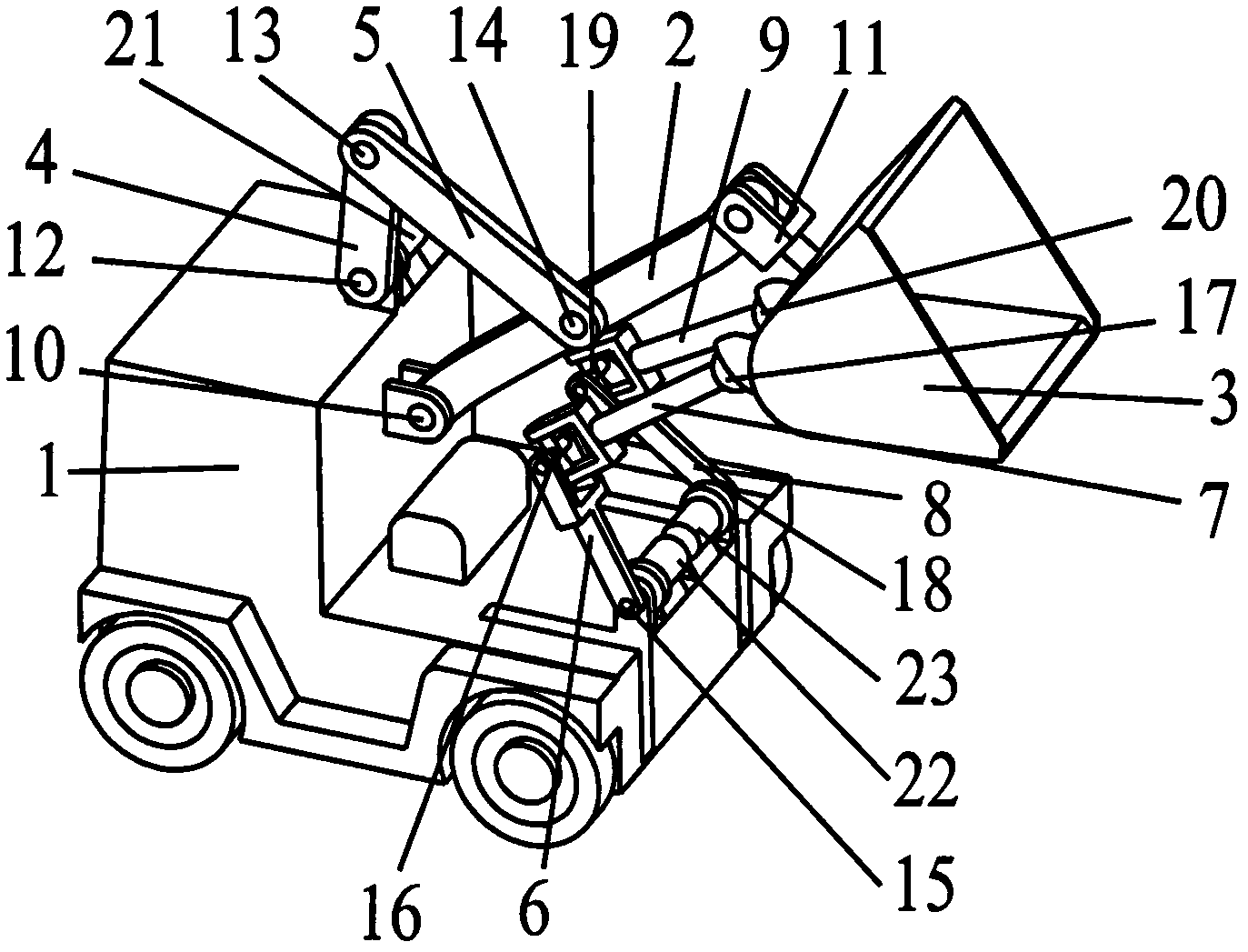 Space controllable mechanism-type loader with one-dimensional rotational moving arm and two-dimensional rotational bucket