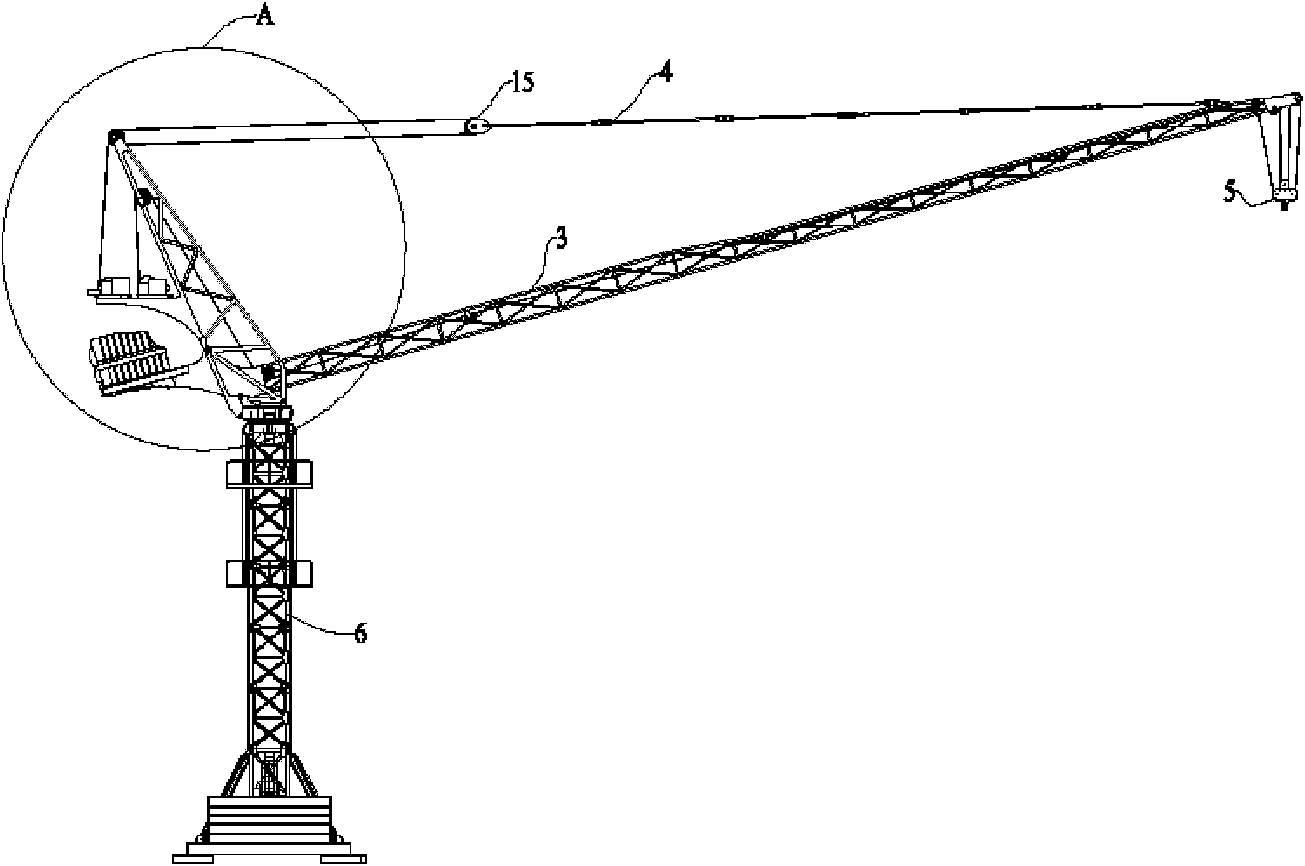 Luffing tower crane with balanced type suspension arm based on traction luffing of steel rope