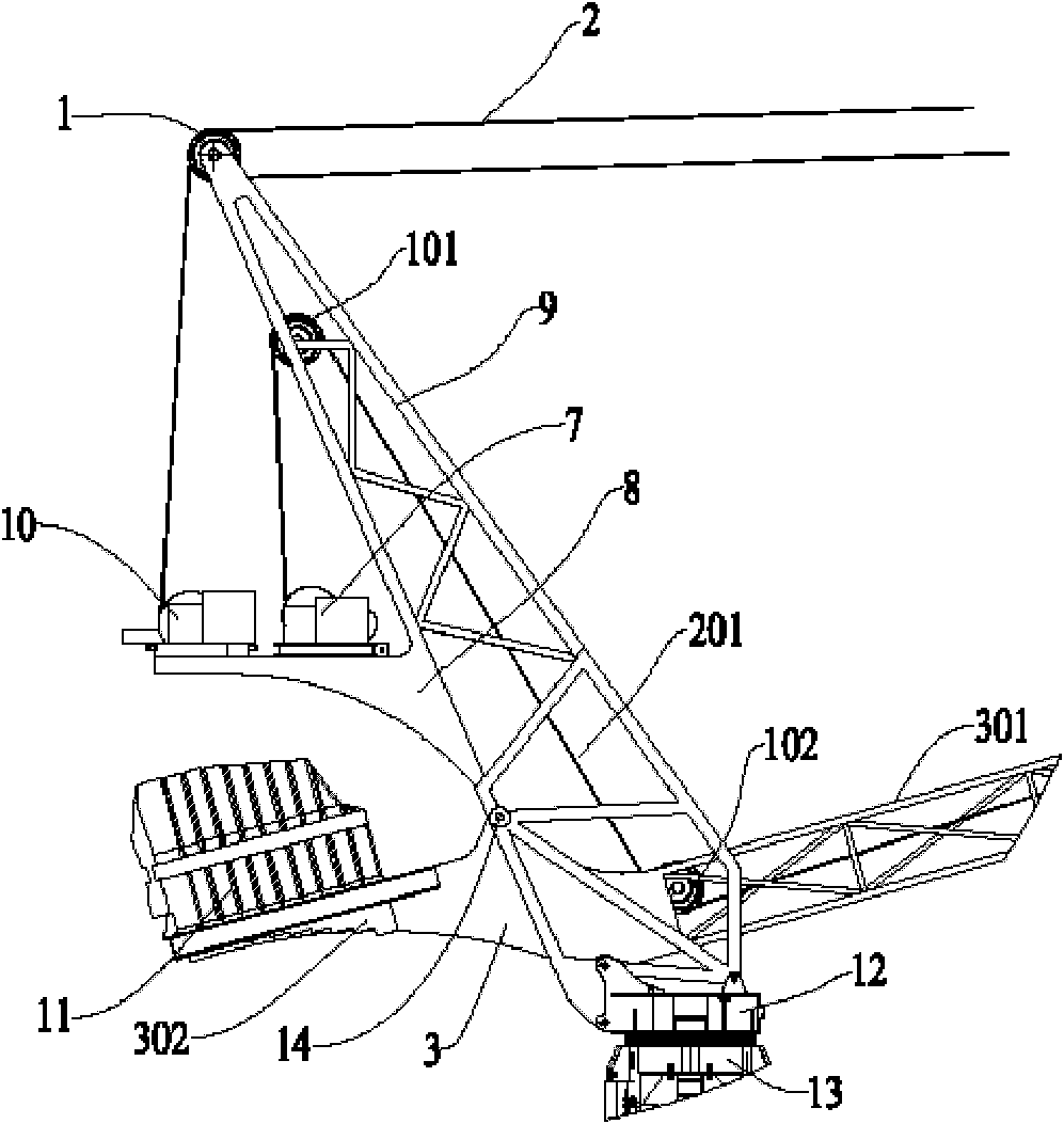 Luffing tower crane with balanced type suspension arm based on traction luffing of steel rope