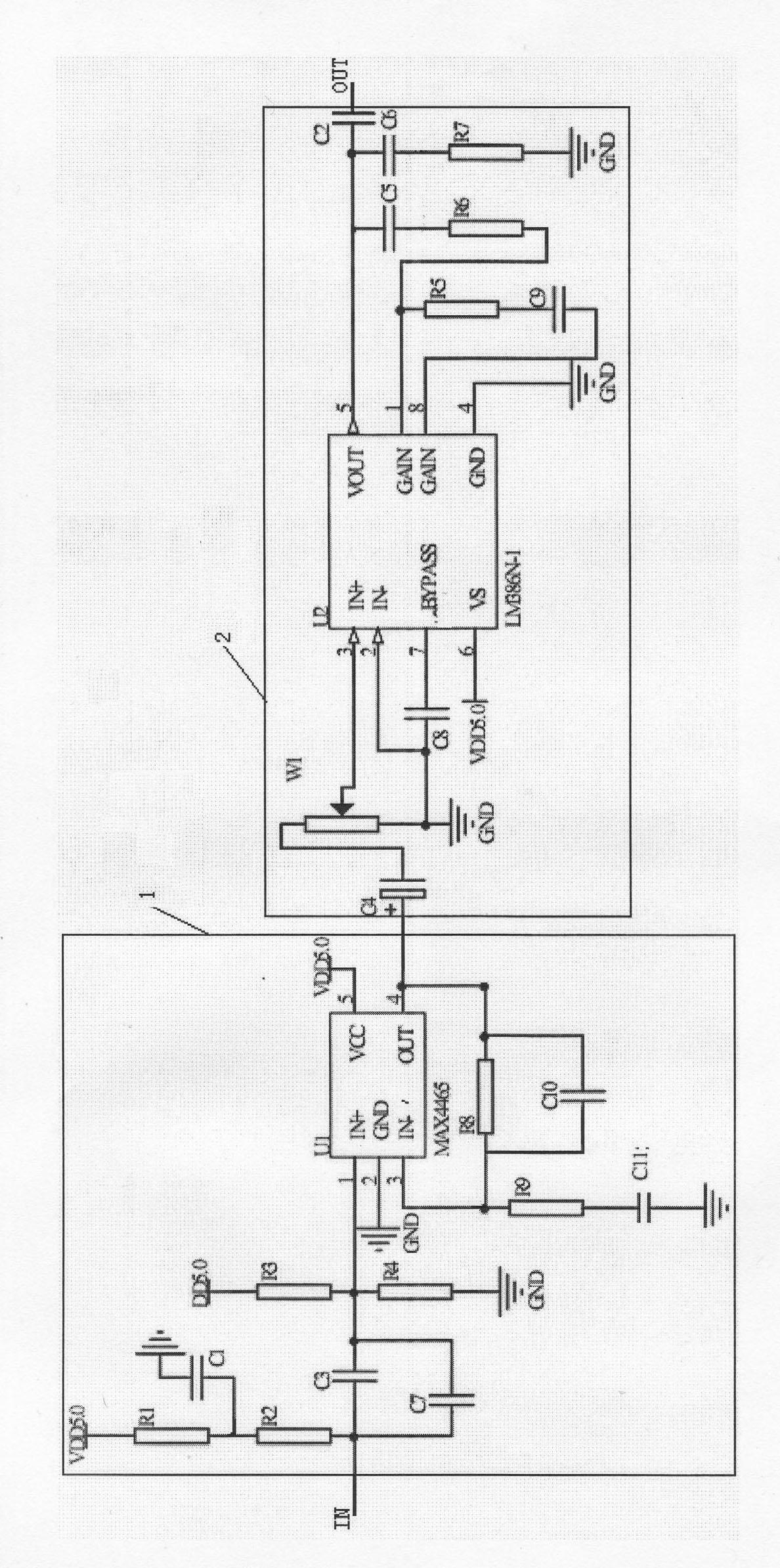Cardiac sound amplifying circuit based on MAX 4465 amplifier chip and LM 386 amplifier chip