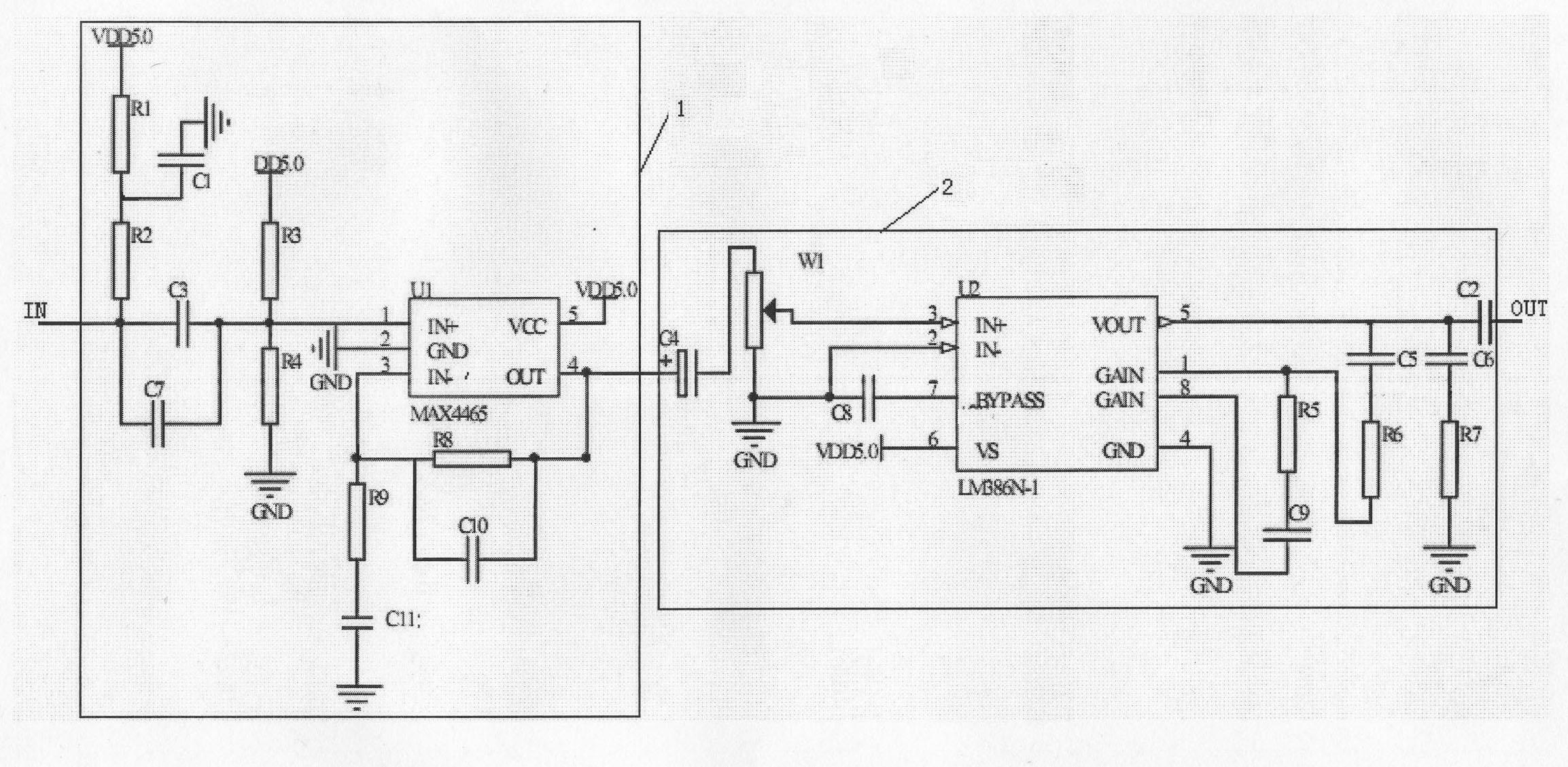 Cardiac sound amplifying circuit based on MAX 4465 amplifier chip and LM 386 amplifier chip