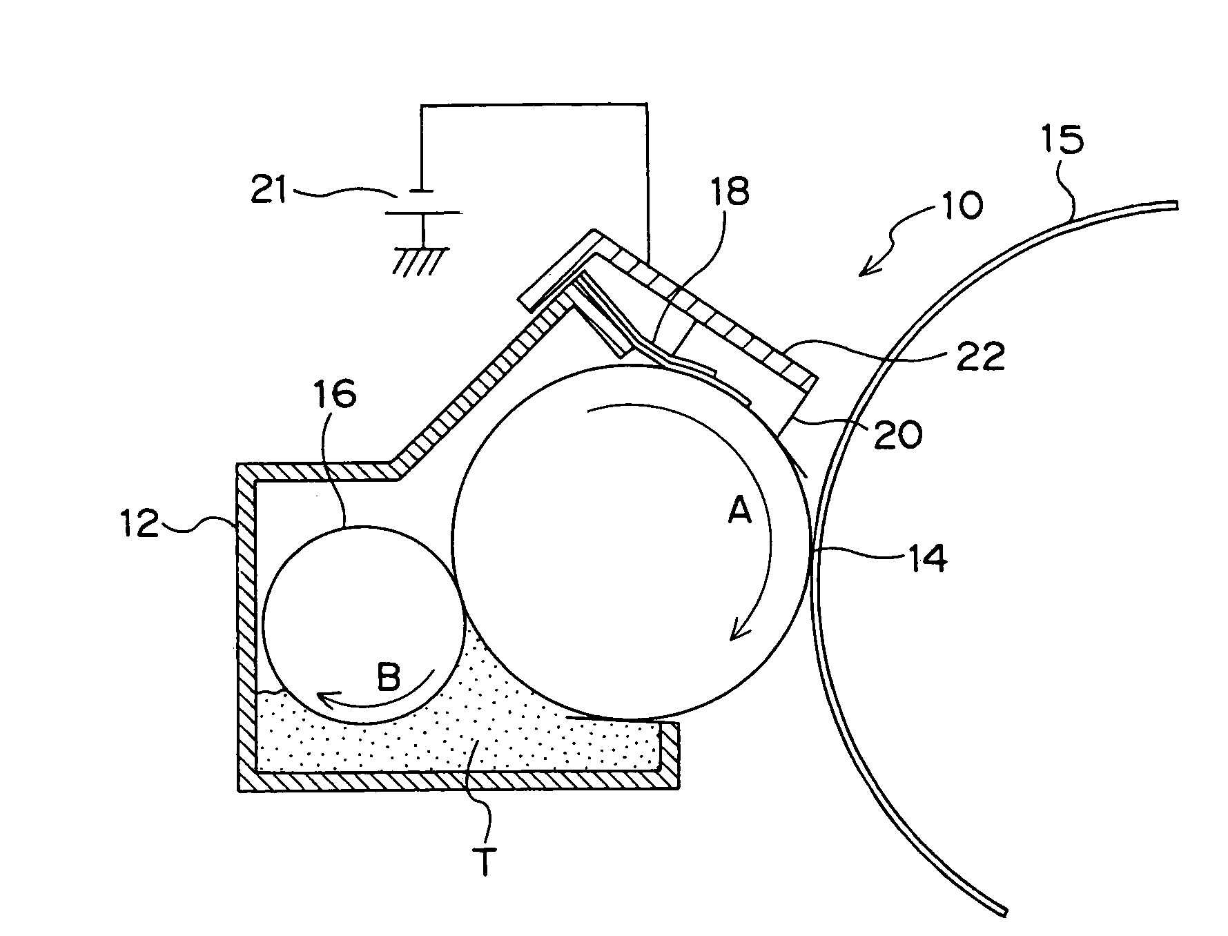 Developing device having a voltage application member for applying varied voltages