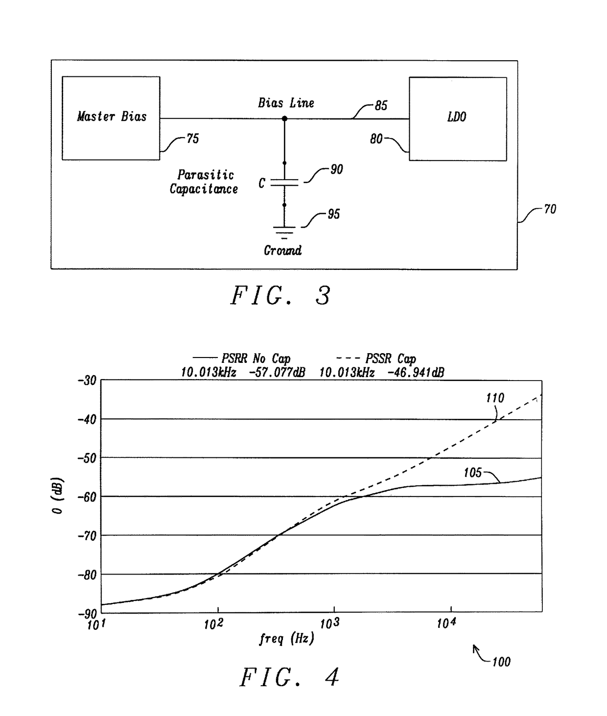 Apparatus and method for a voltage regulator with improved power supply reduction ratio (PSRR) with reduced parasitic capacitance on bias signal lines