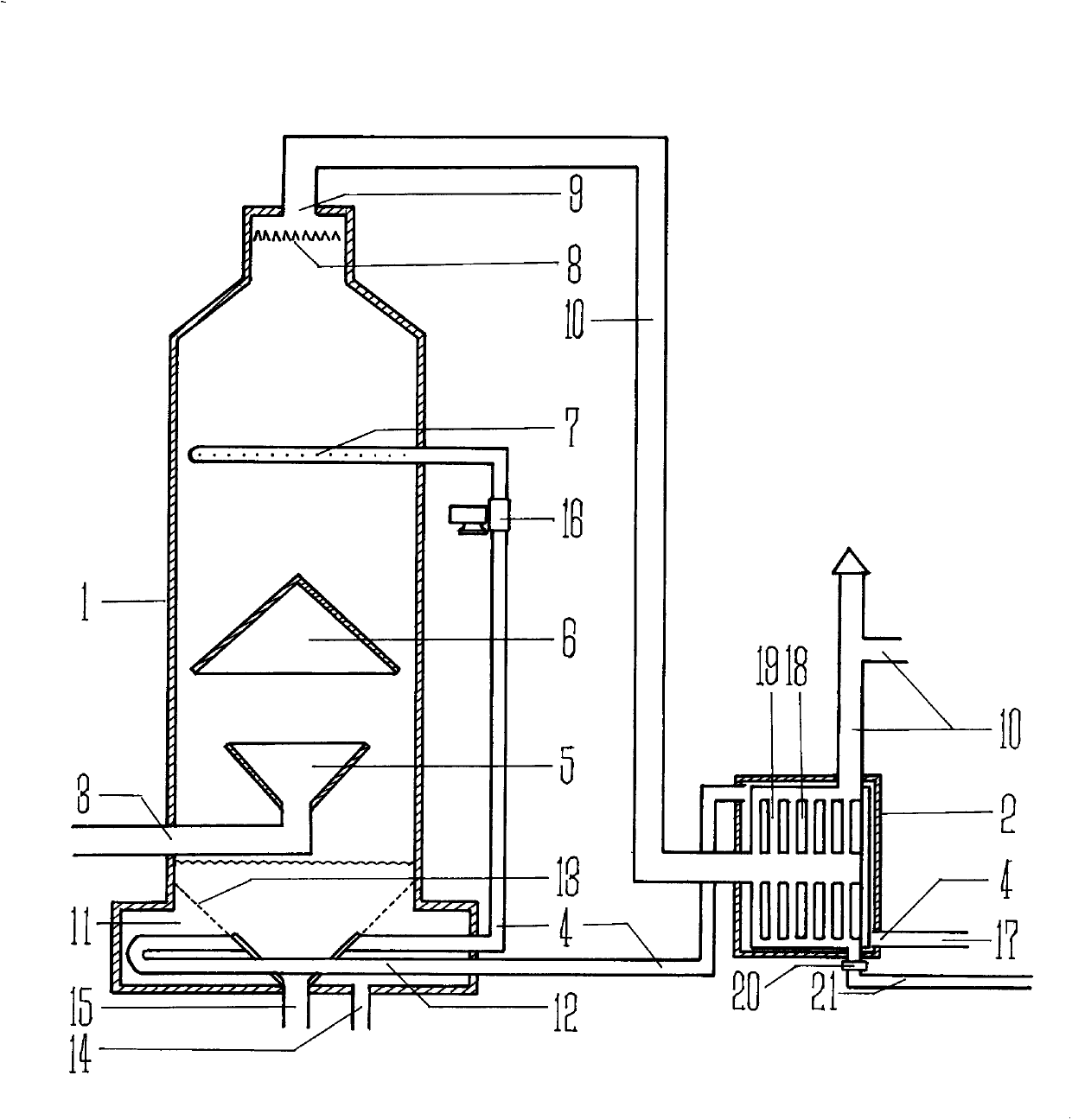 Oilfield sewage and boiler flue gas mixed-bath two-way purification device