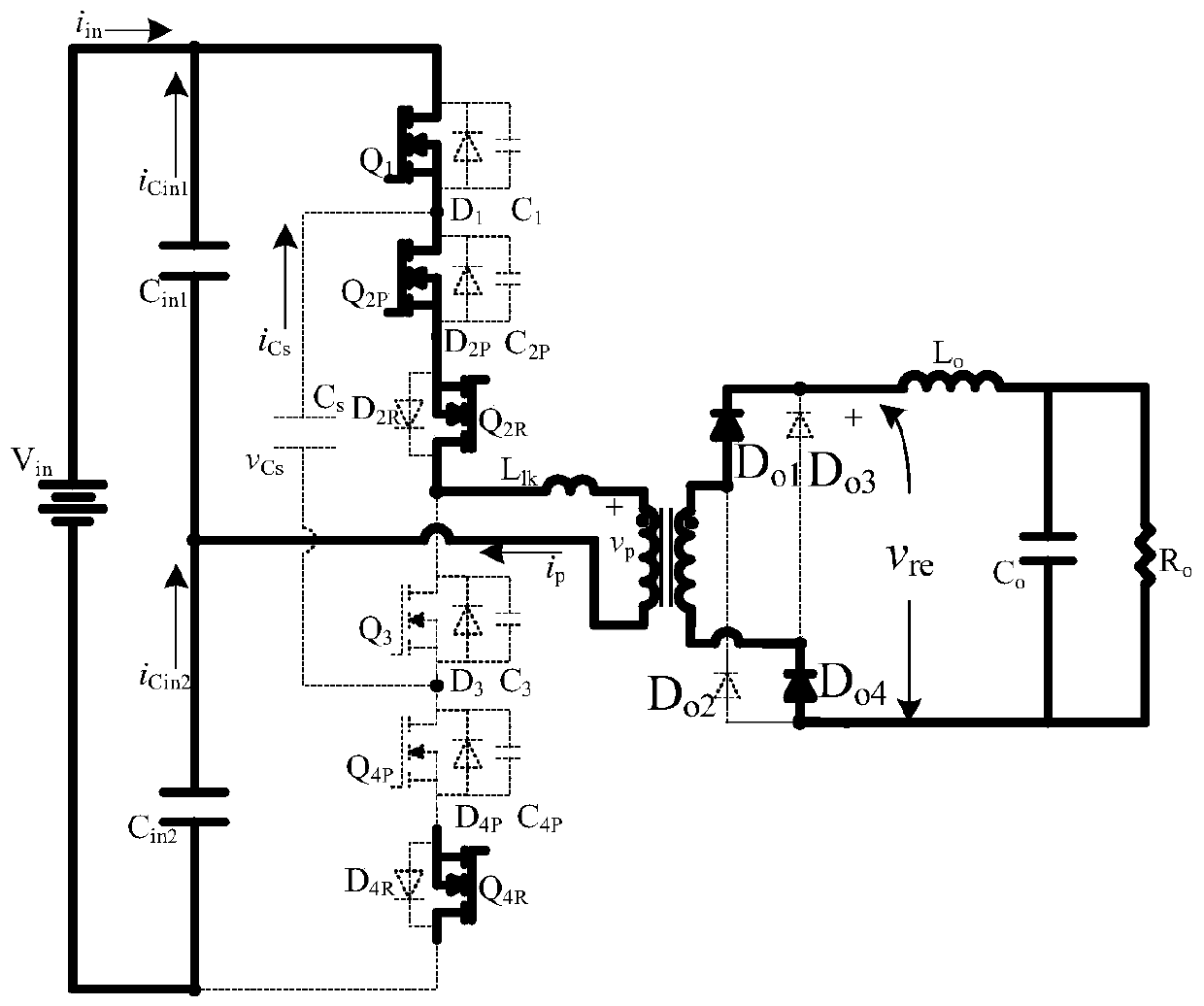 Capacitor clamping type three-level direct-current converter adopting asymmetric bidirectional switch