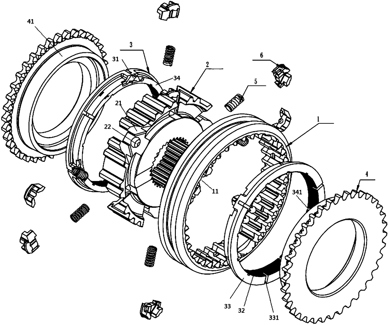 Blind slot force-enhancing synchronizing device