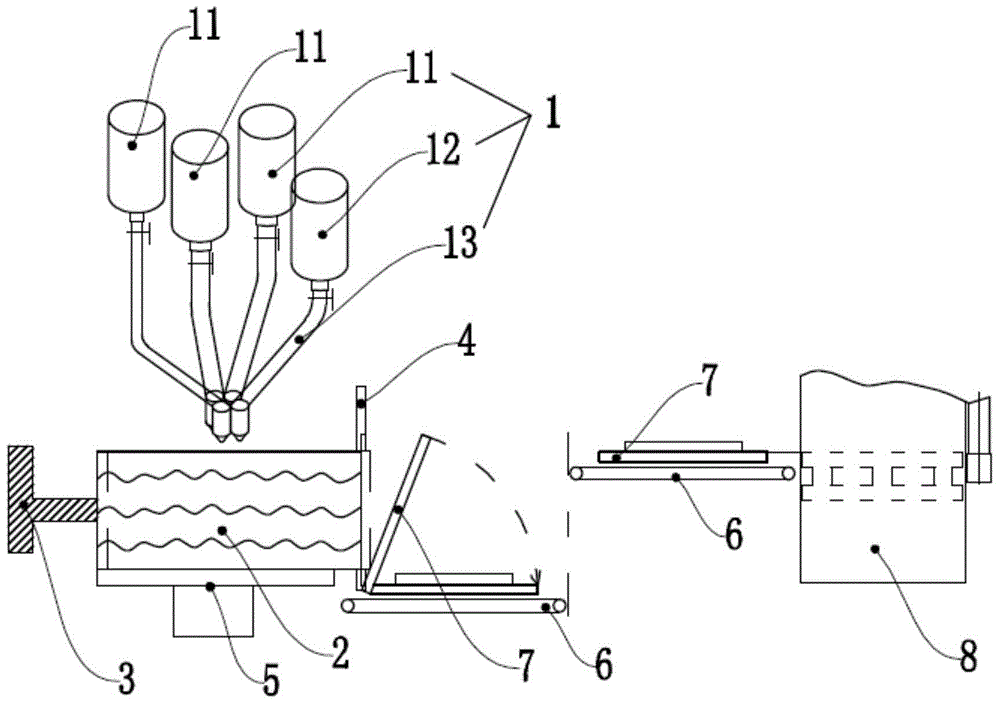 Natural stone imitating ceramic tile material distributing system and material distributing procedure thereof