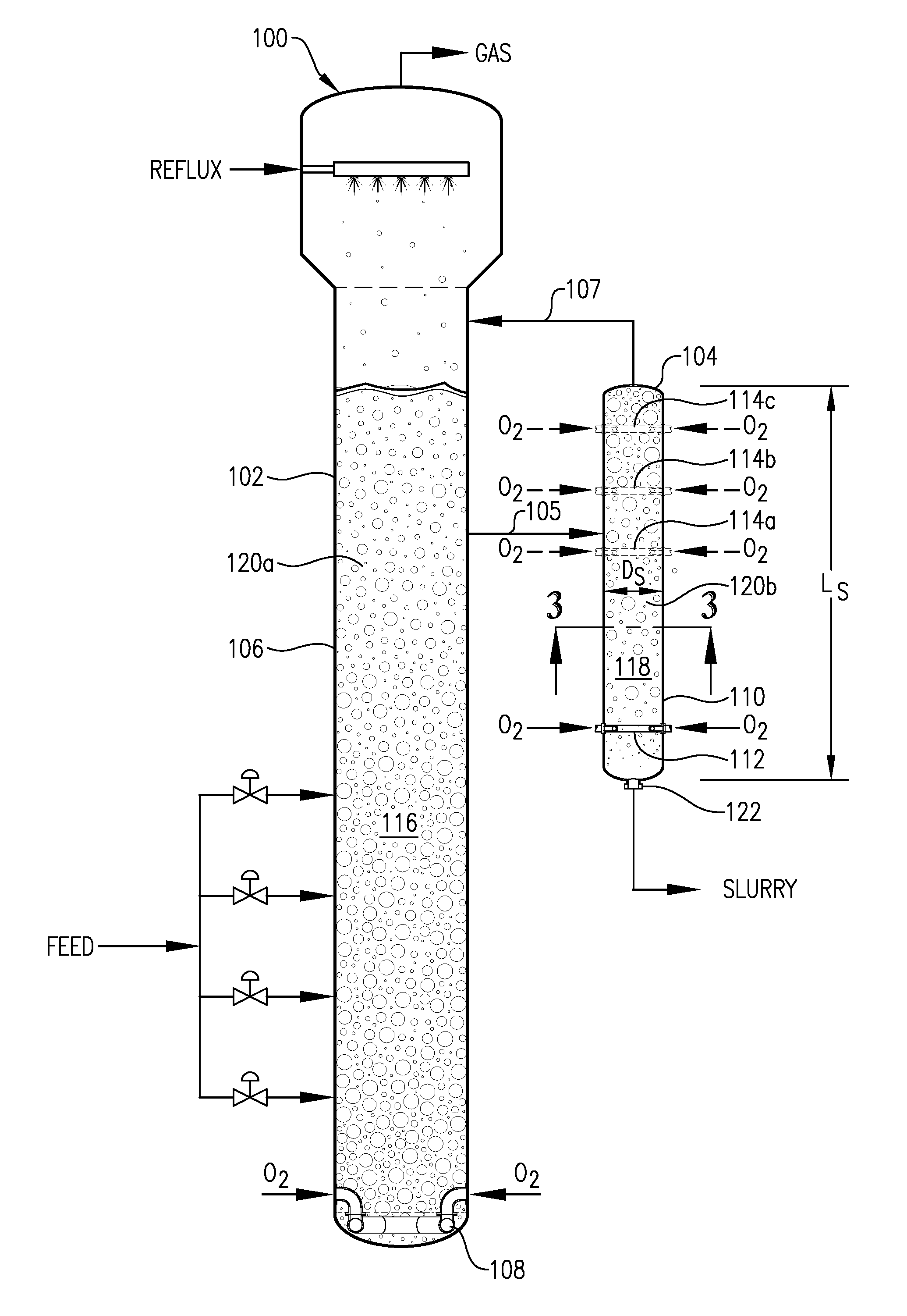 Oxidation system with sidedraw secondary reactor