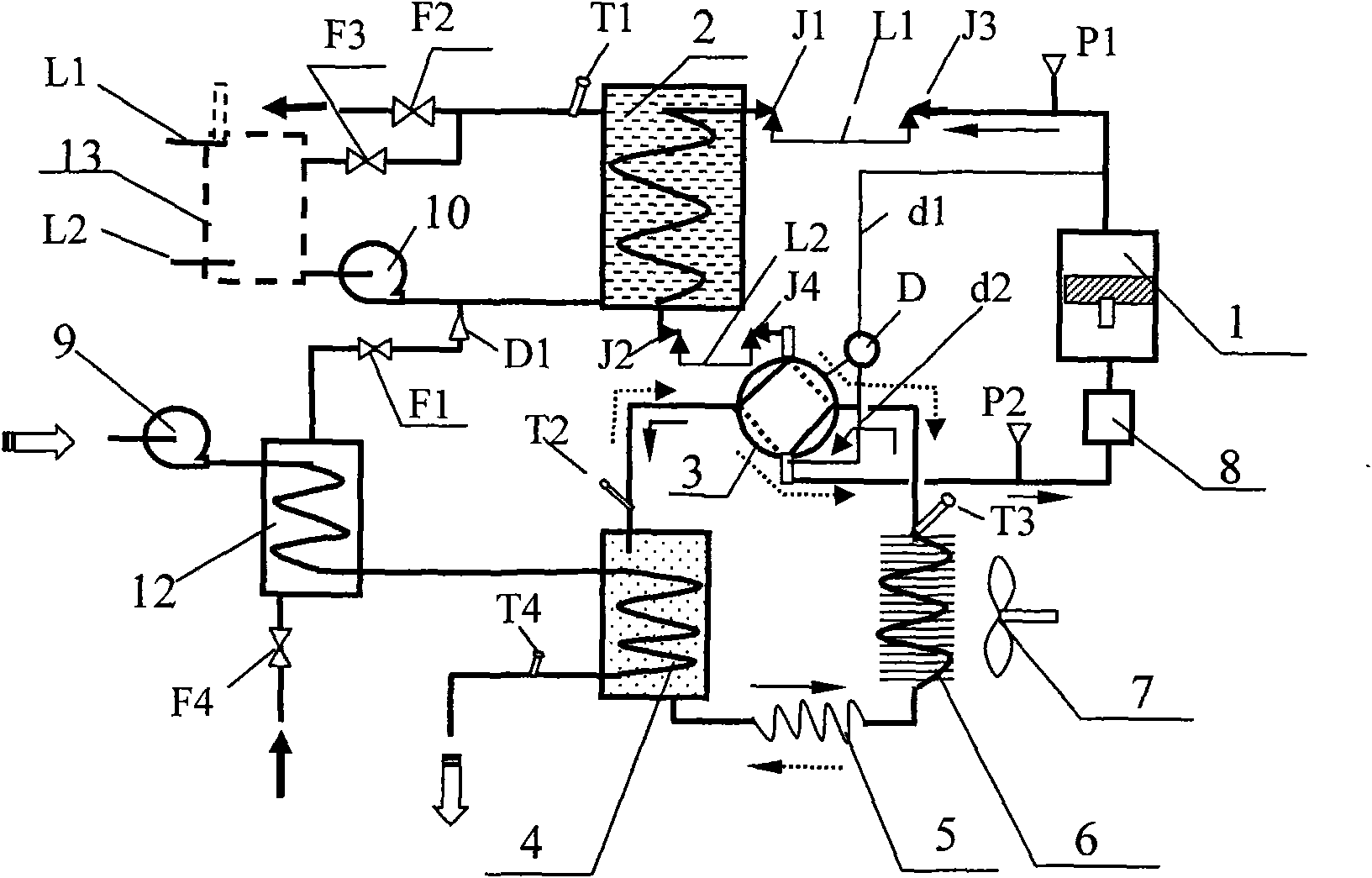 Dual heat-source heat-pump hot water device with extremely simple refrigerating loop