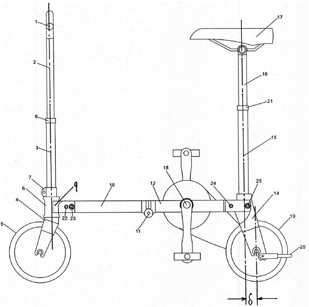 A bicycle with a small wheel diameter that can be pushed after being folded vertically