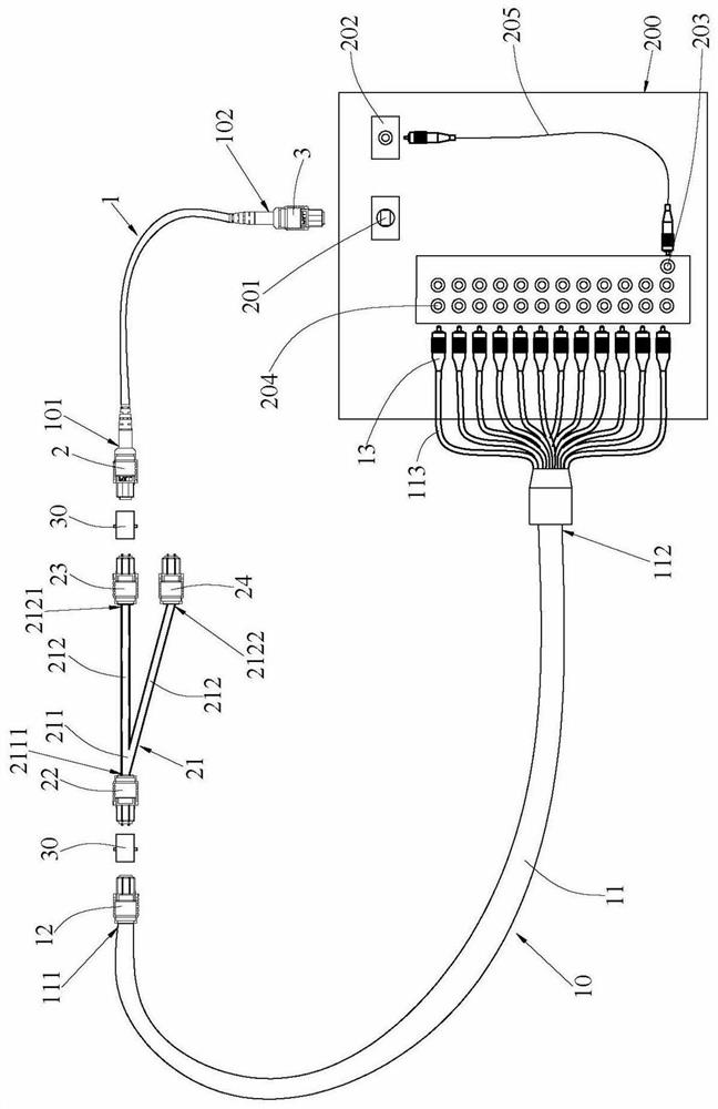 Optical performance test line and multi-core optical fiber array connector optical test device