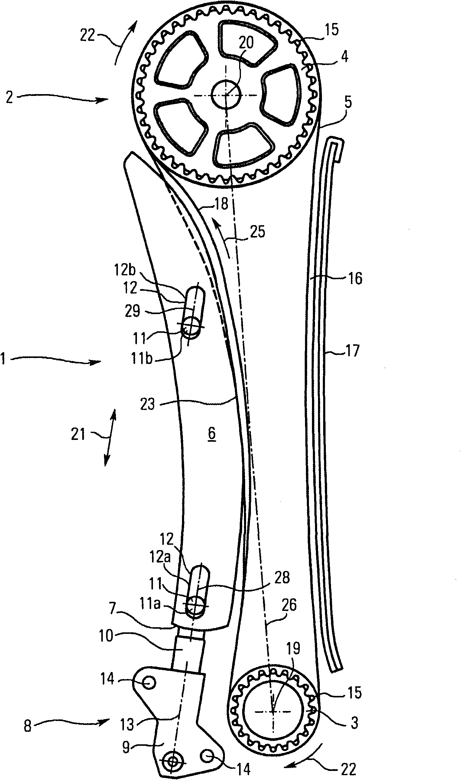 Tensioner assembly comprising a displaceable tensioning rail