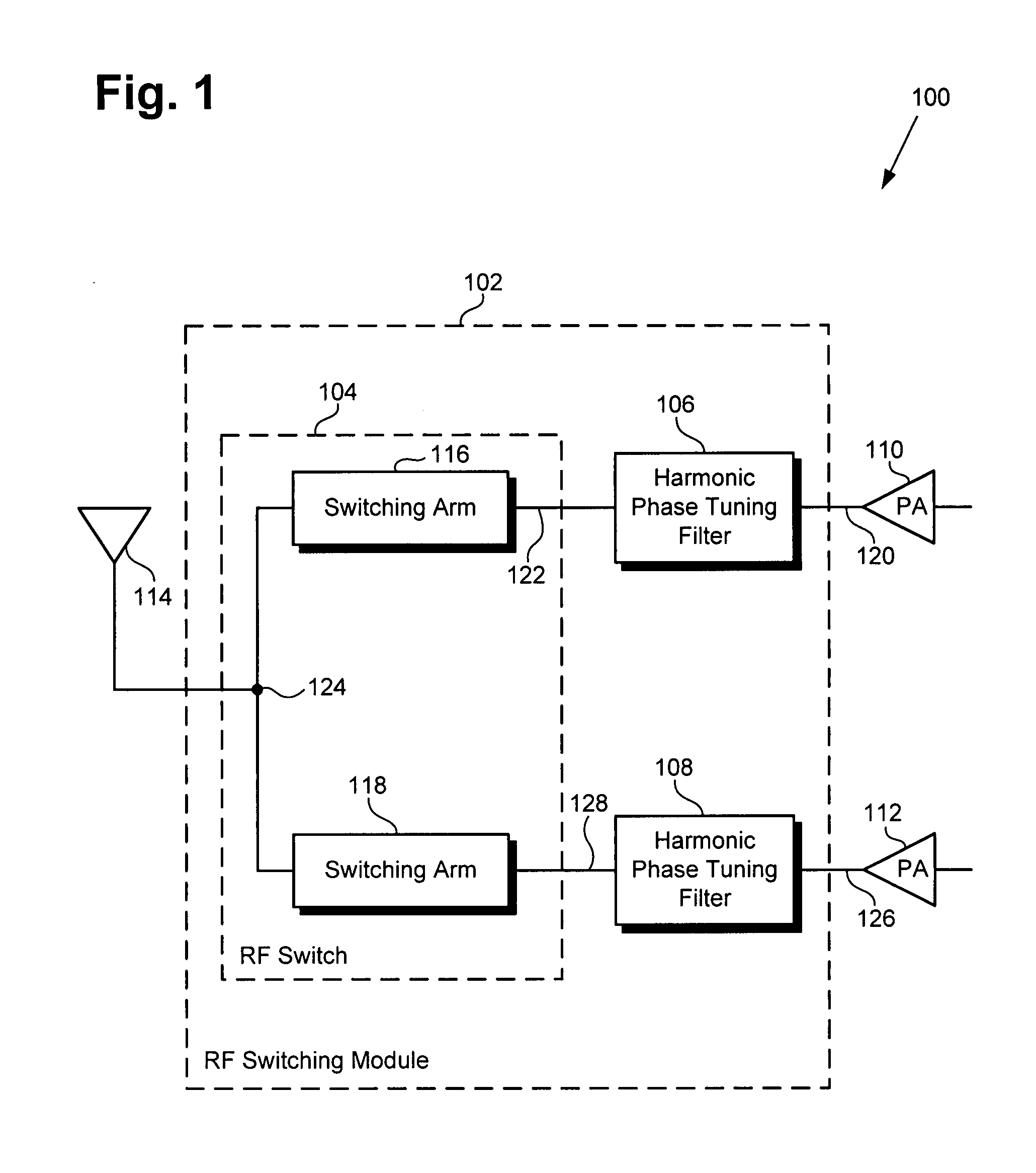 Switching module with harmonic phase tuning filter