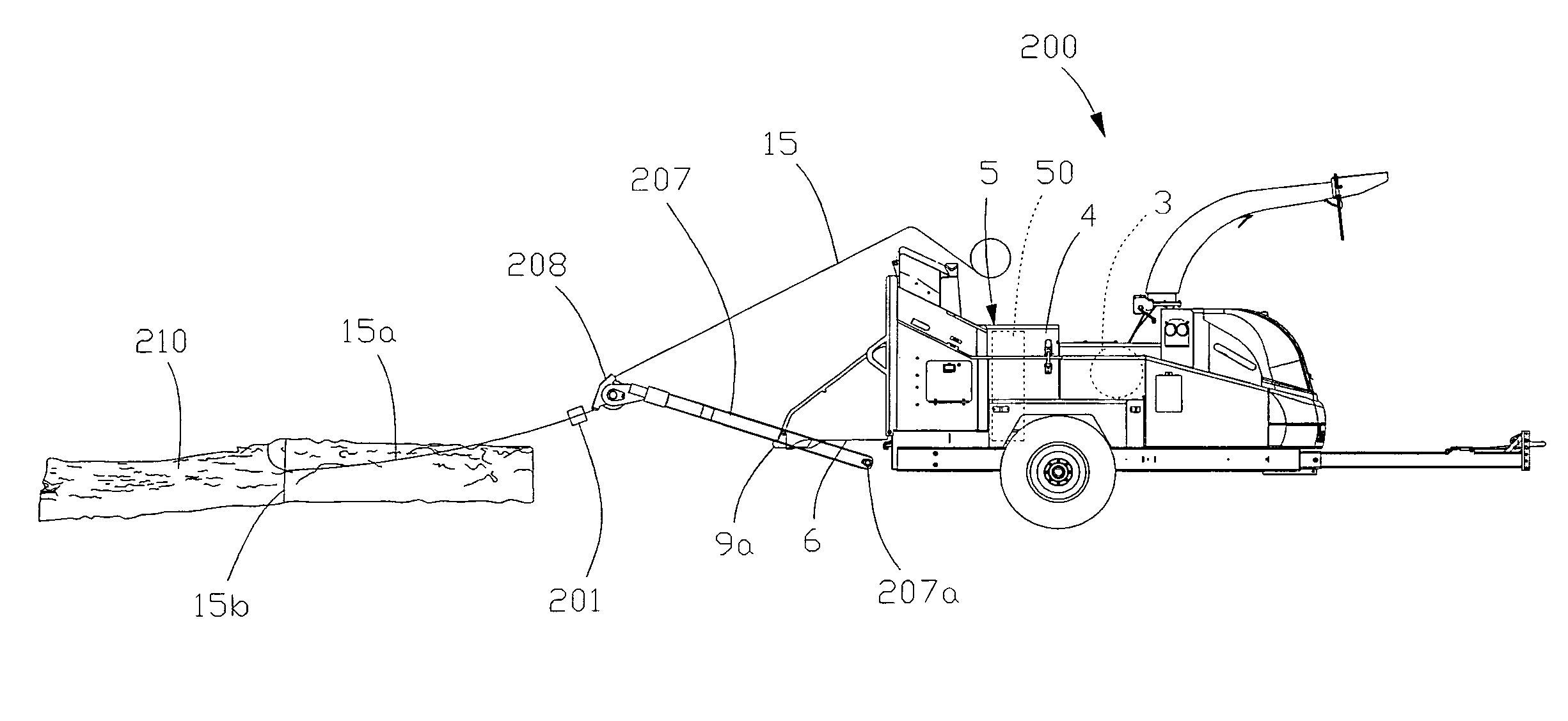 Pivoting/telescoping winch boom for a brush chipper and method of using same