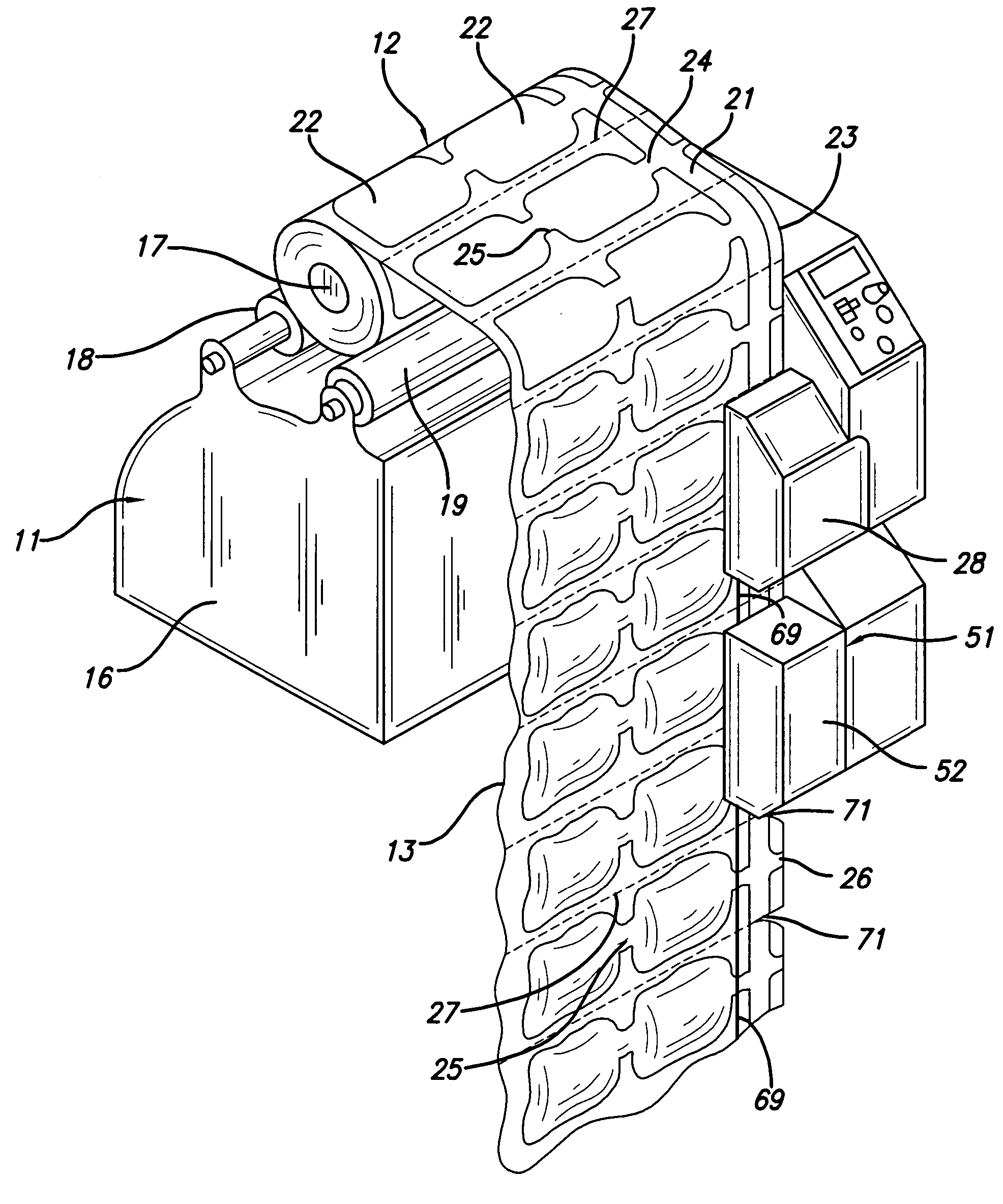 Method and apparatus for pre-tearing strings of air-filled packing materials and the like