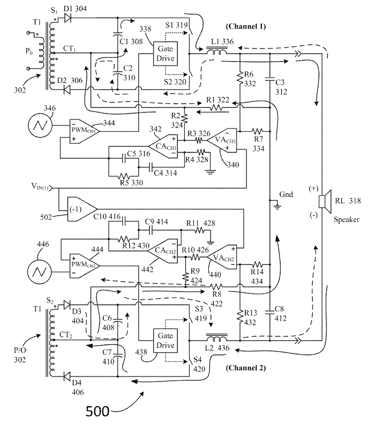 Average current-mode feedback control of multi-channel class-D audio amplifier