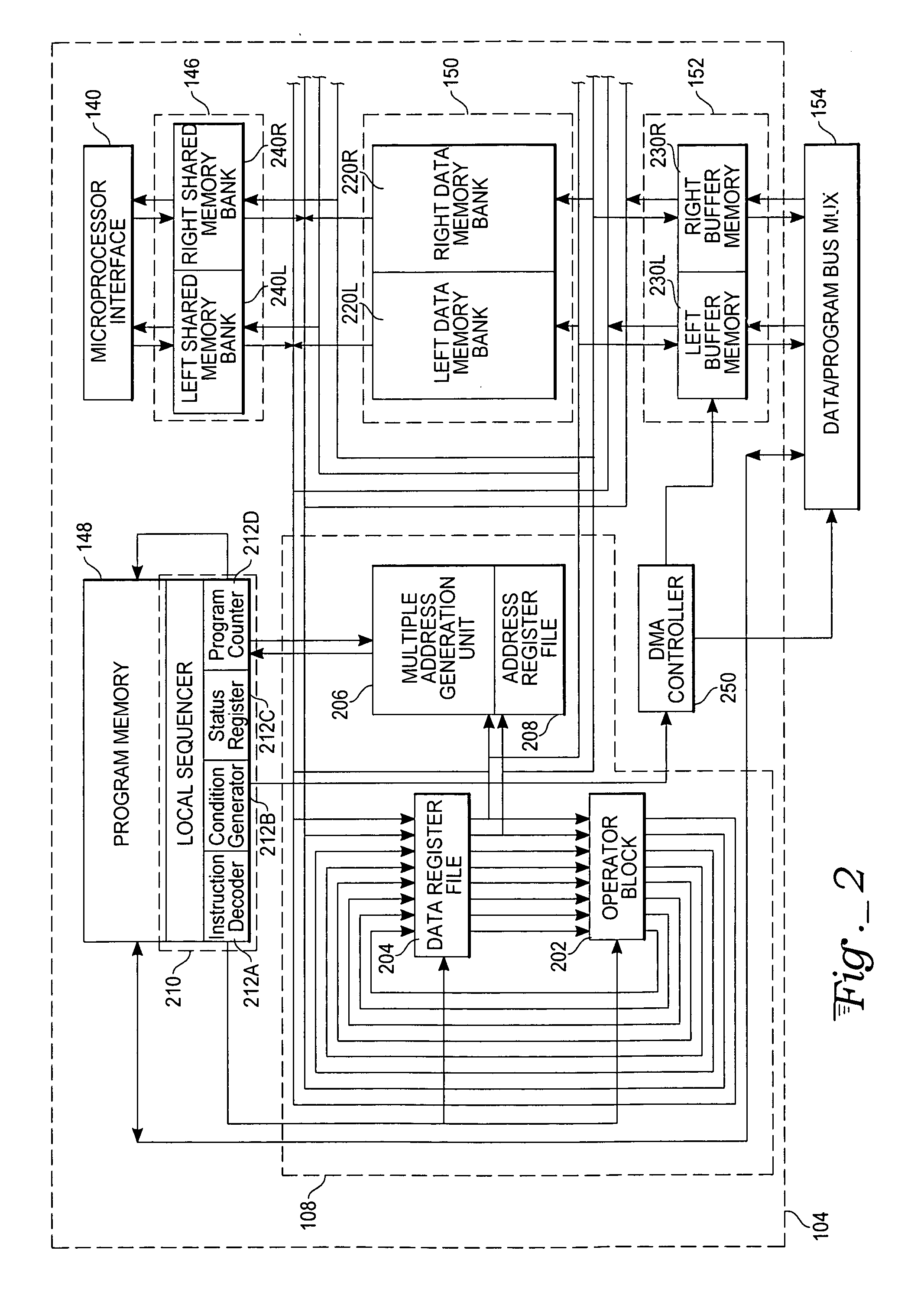 Complex domain floating point VLIW DSP with data/program bus multiplexer and microprocessor interface