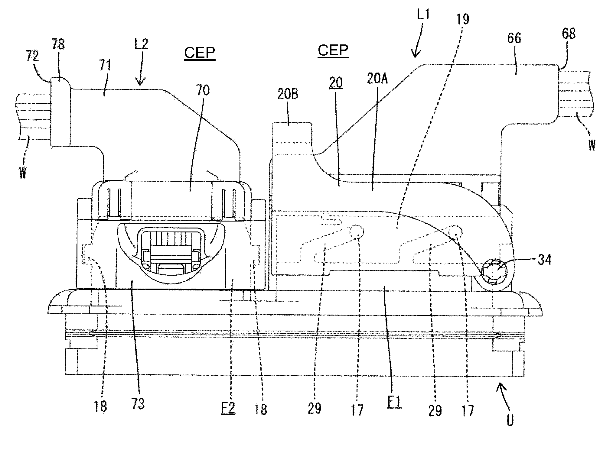 Connector with force multiplying mechanism and connector assembly provided therewith