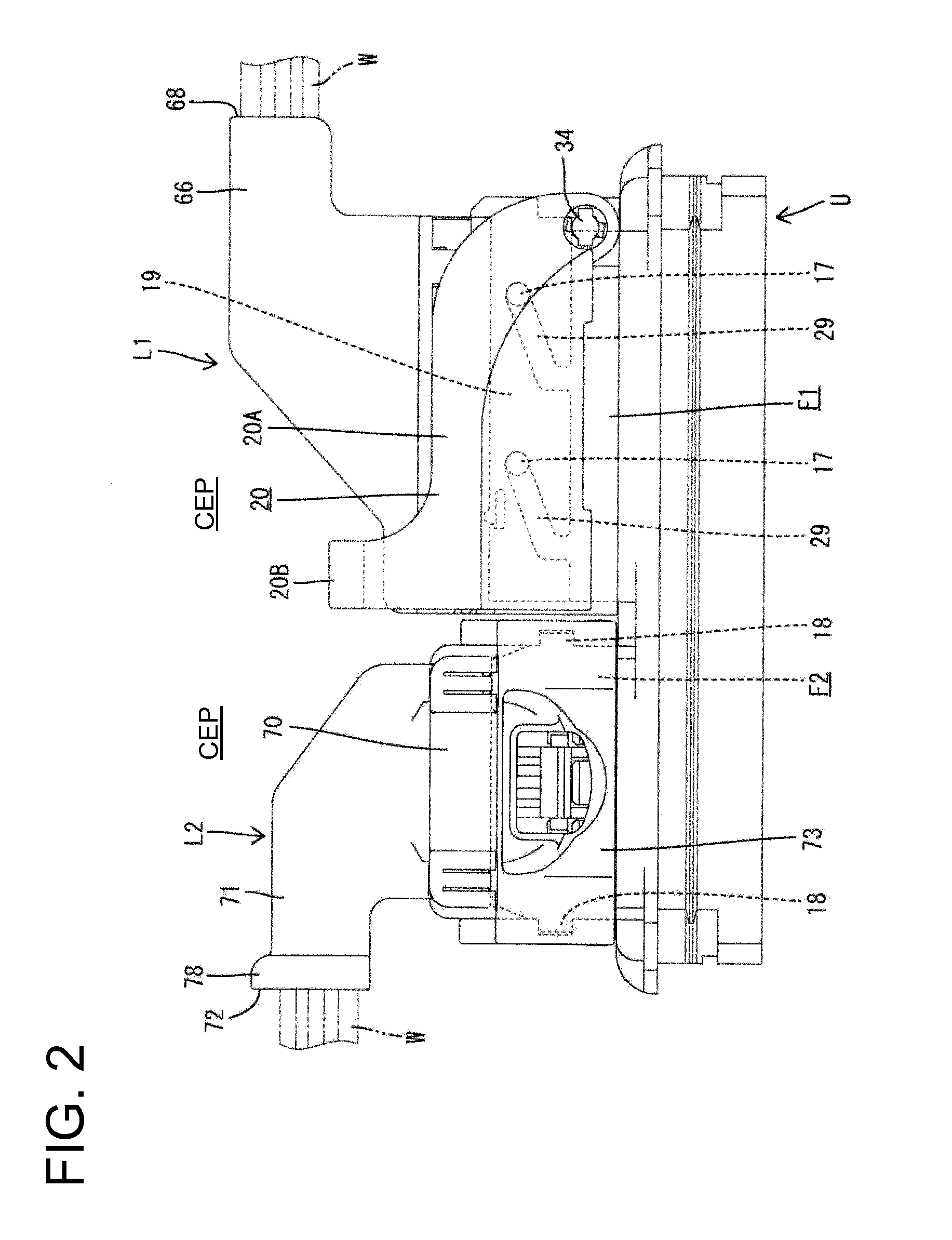 Connector with force multiplying mechanism and connector assembly provided therewith