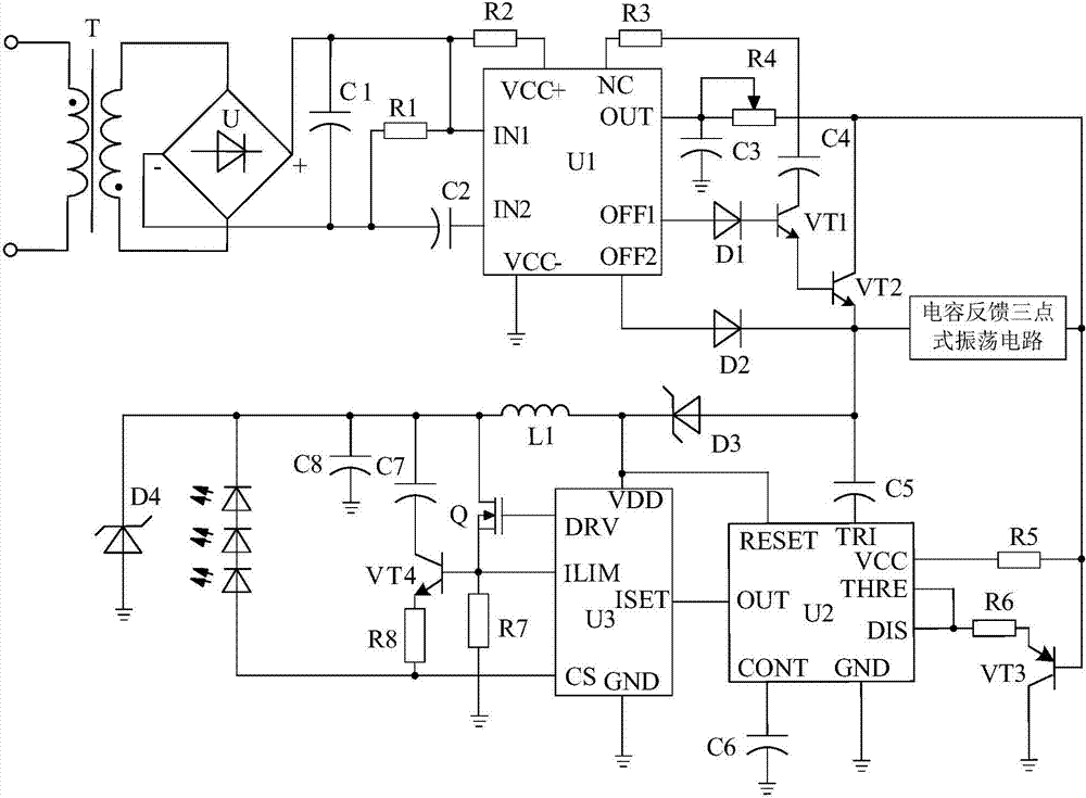 Phase shift type LED driving system based on capacitance feedback three-point type oscillation circuit