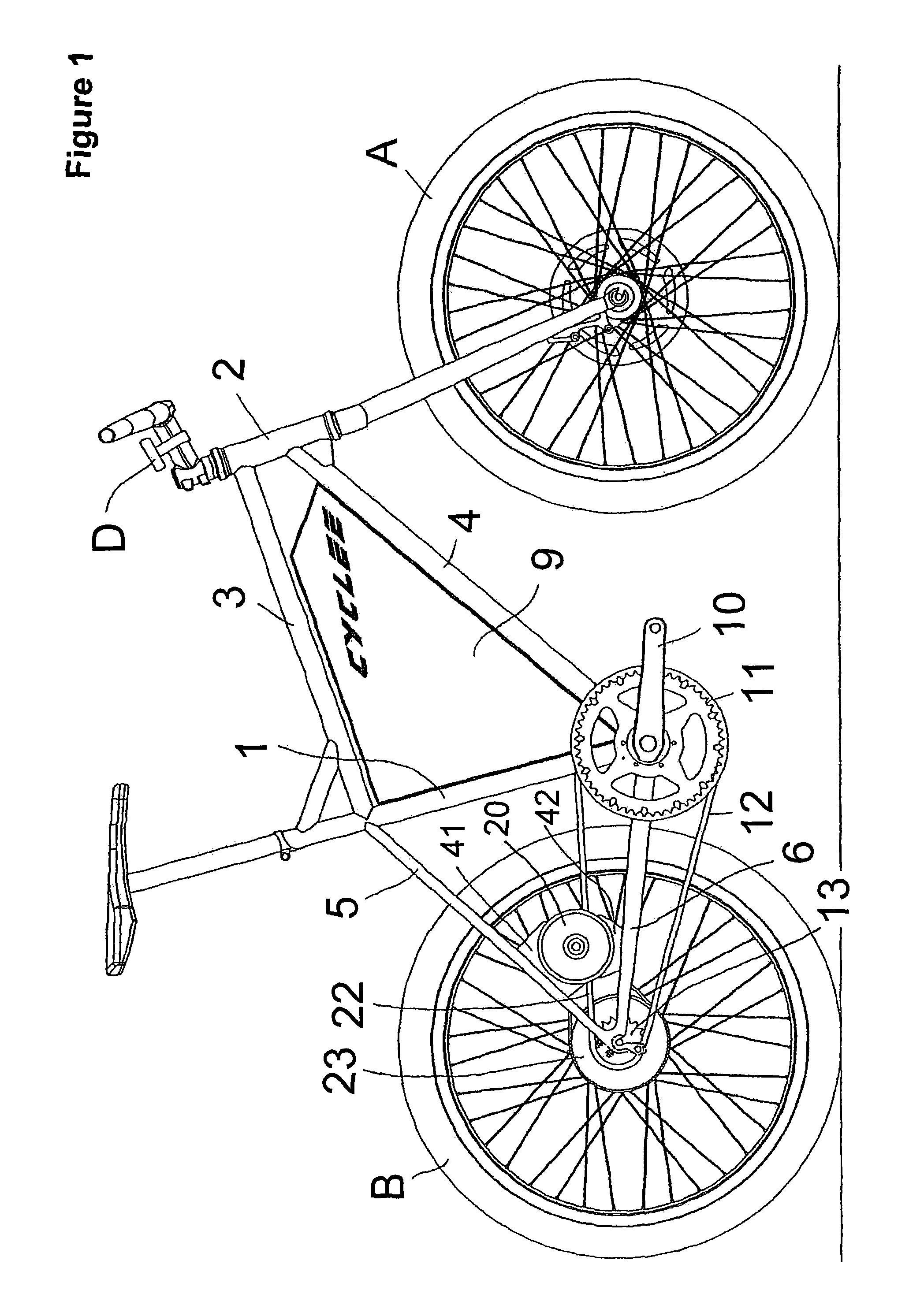 Wheeled vehicle with electric drive in the rear frame triangle and electric motor for a wheeled vehicle
