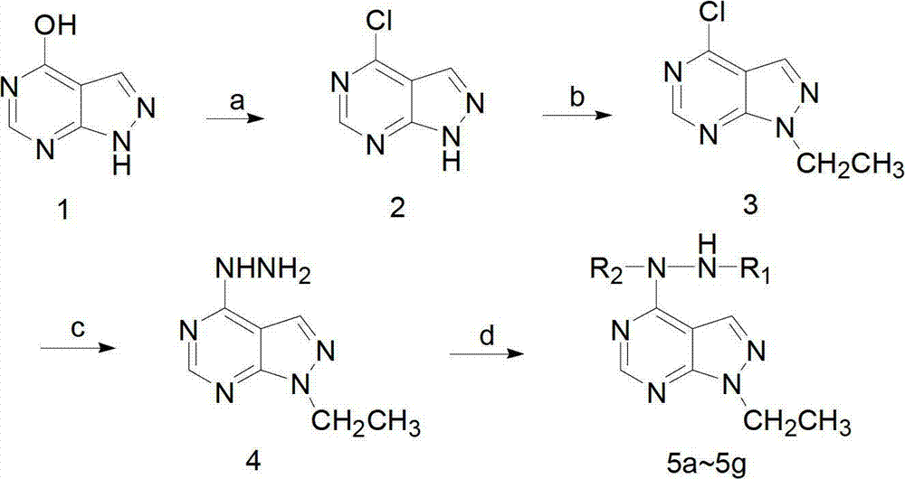1-N-ethyl-4-N-2'-substituted acylhydrazine-1H-pyrazol [3, 4-d] miazines derivative as well as preparation method and application thereof