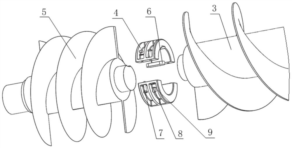 End-fixed assembly type spiral conveying shaft and method