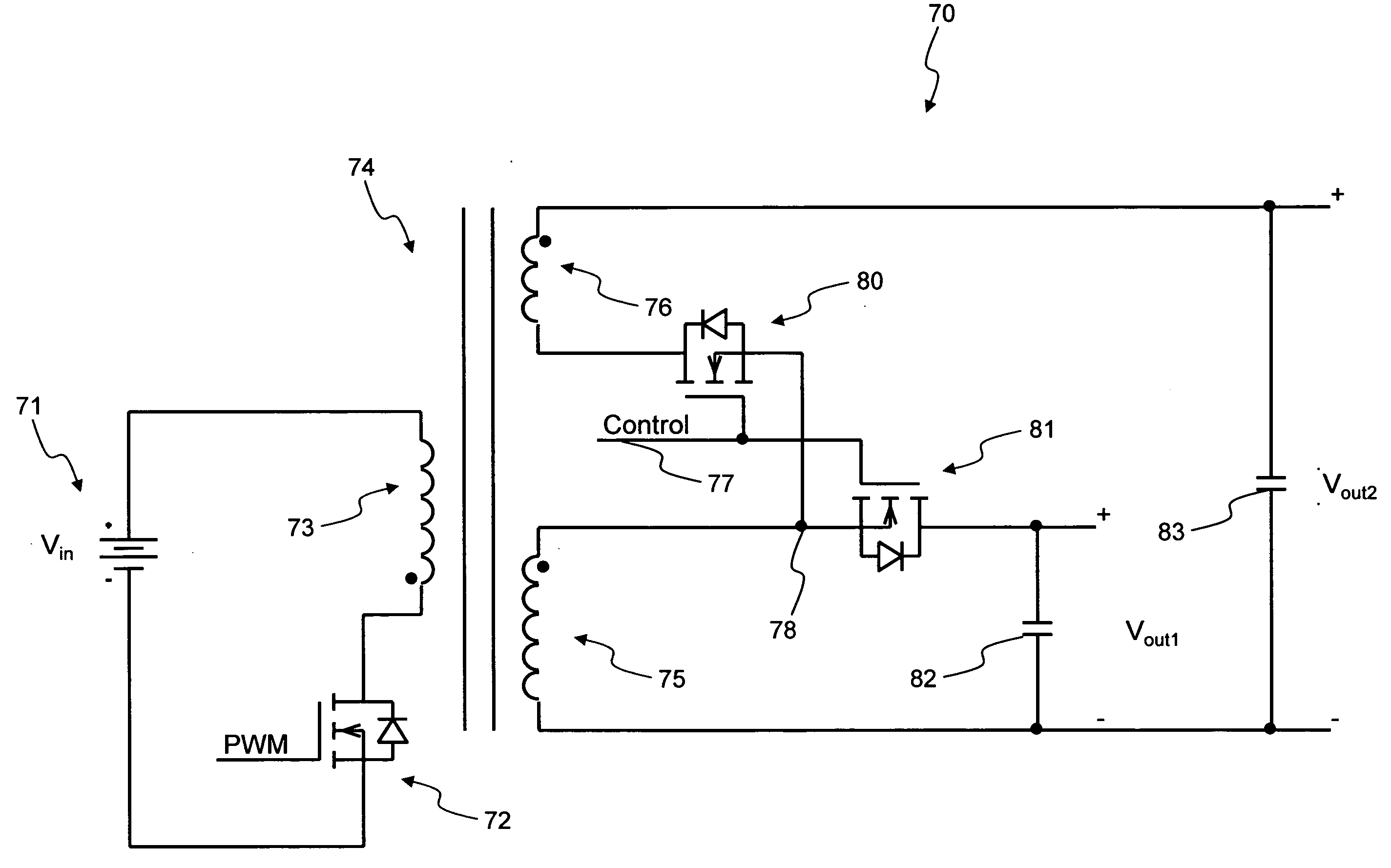 Flyback converter providing simplified control of rectifier MOSFETS when utilizing both stacked secondary windings and synchronous rectification