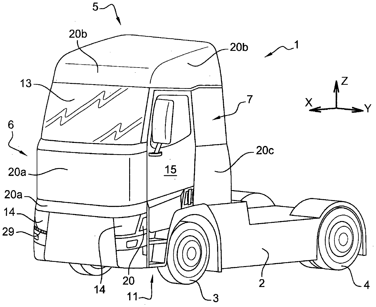 An industrial vehicle cab comprising a step lighting system, a body component with a lighting system, and associated industrial vehicle