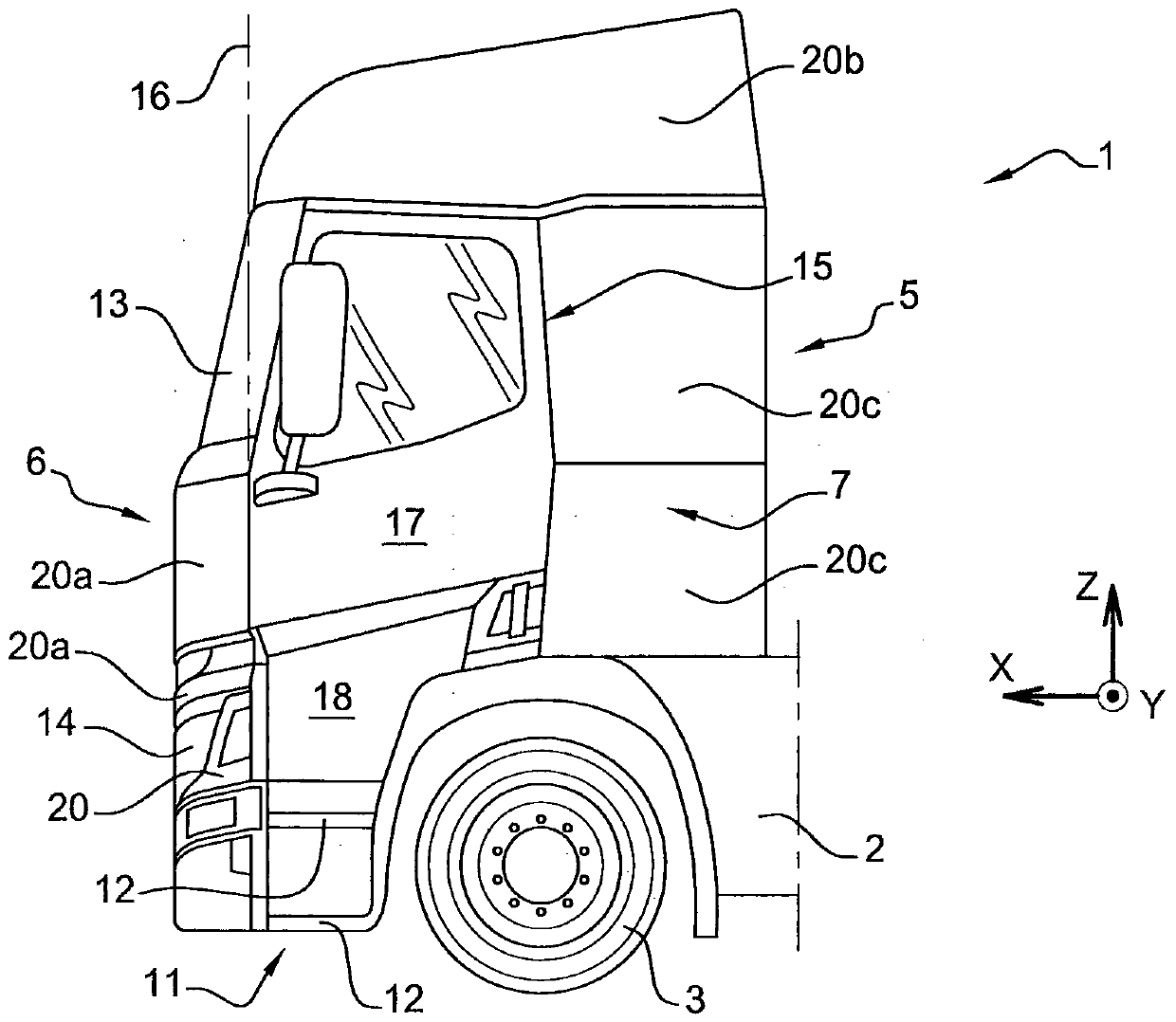 An industrial vehicle cab comprising a step lighting system, a body component with a lighting system, and associated industrial vehicle