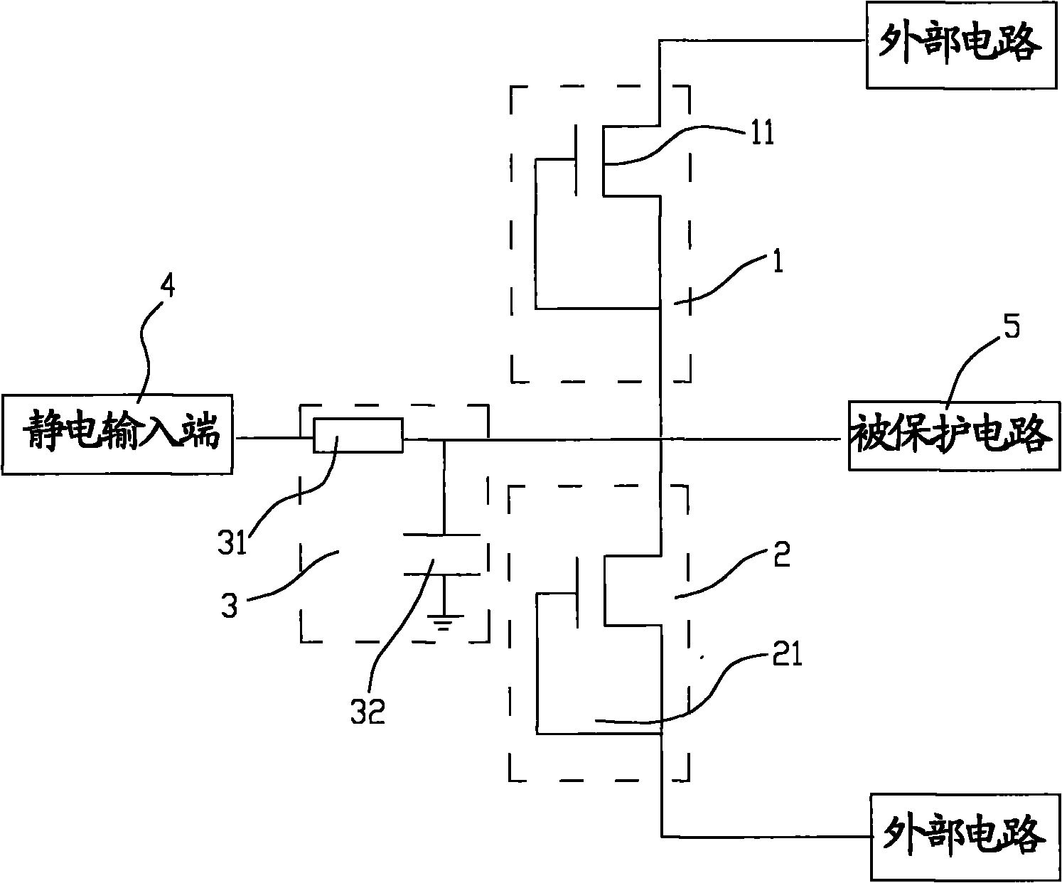 Static protection circuit, in particular static protection circuit of liquid crystal display panel and static protection circuit array of liquid crystal display panel