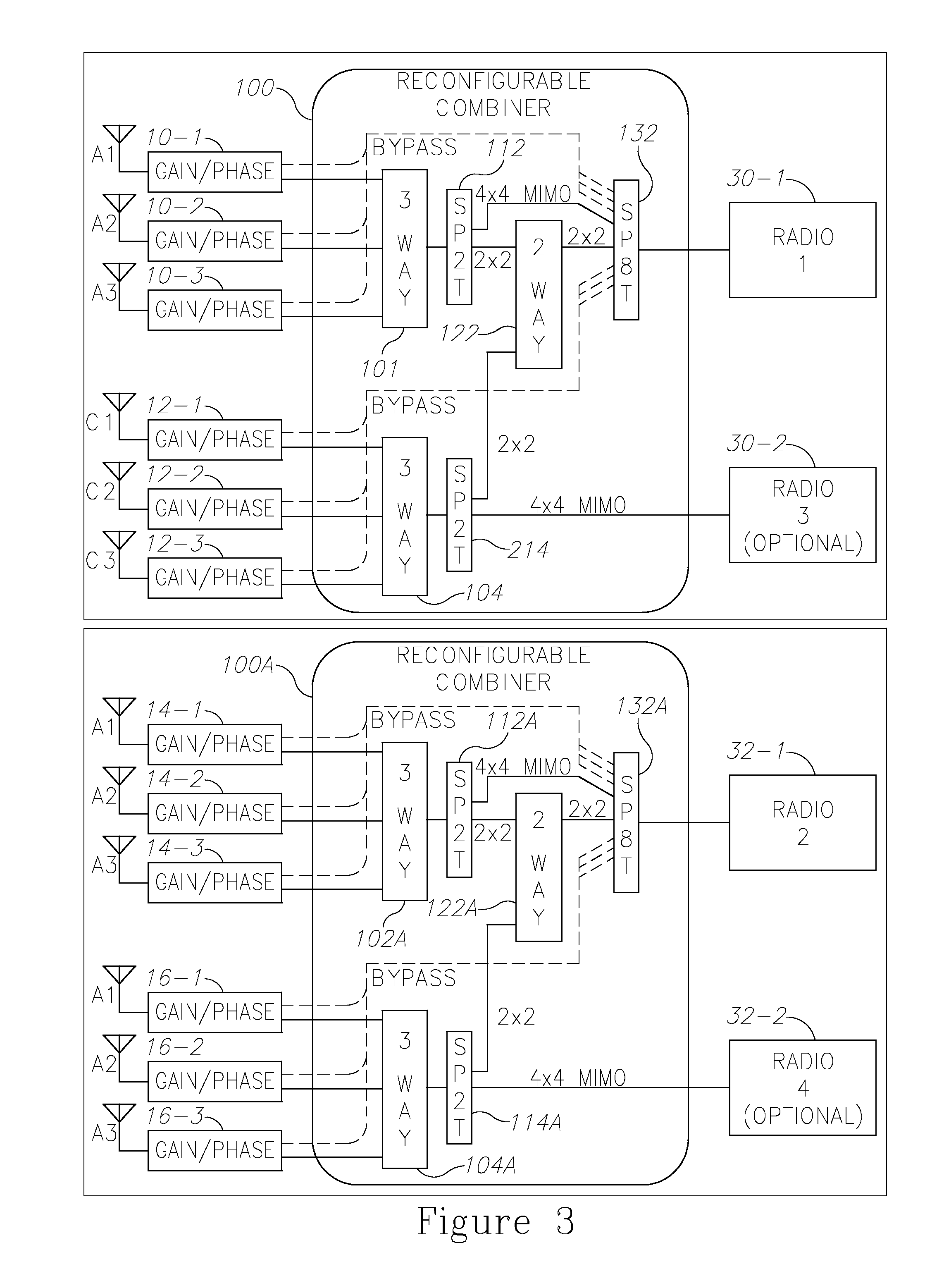 Beamformer configurable for connecting a variable number of antennas and radio circuits