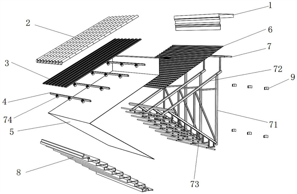 Combined roofing system of metal tiles and metal eaves rafters