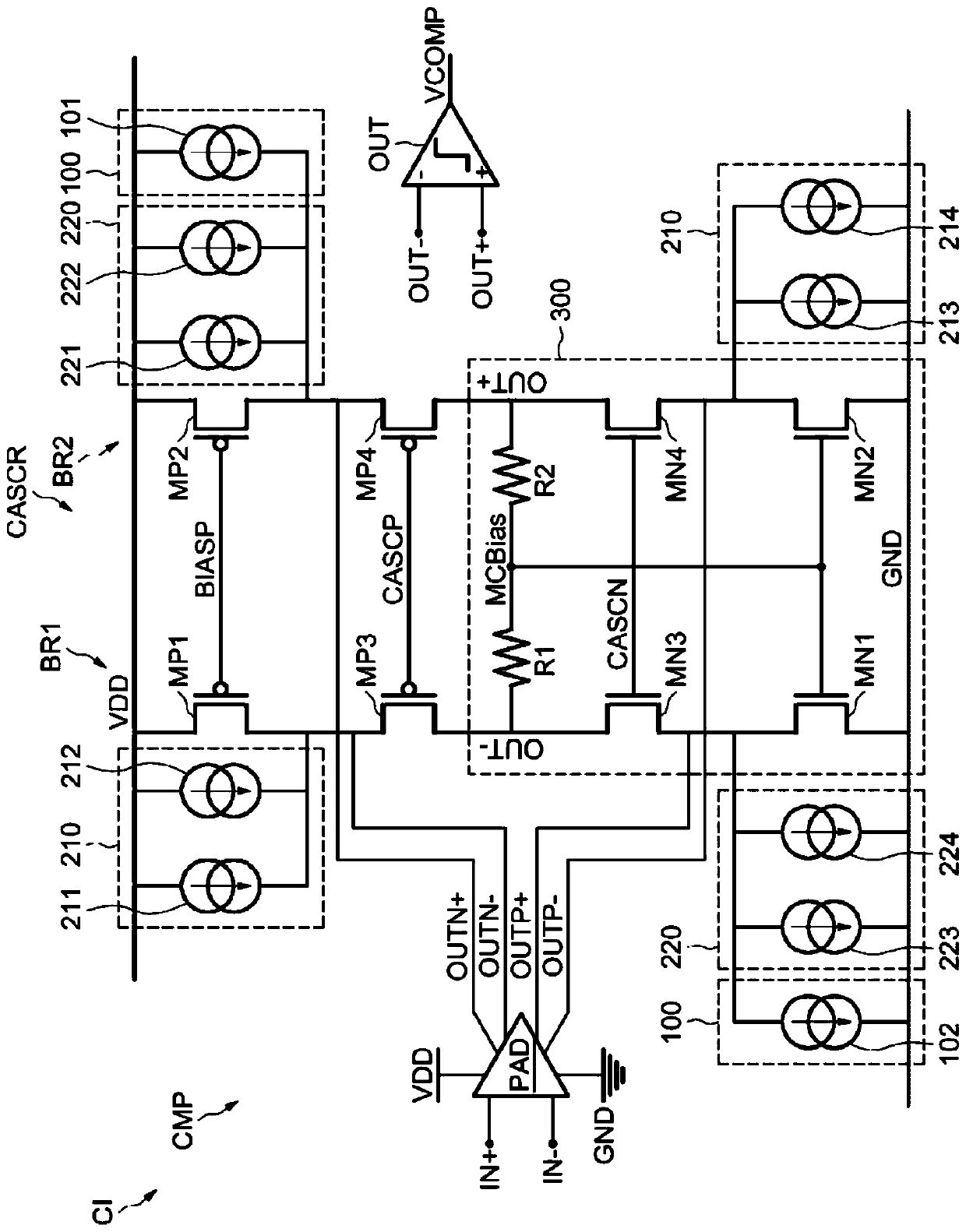 Method for Biasing Outputs of a Folded Cascode Stage in a Comparator and Corresponding Comparator