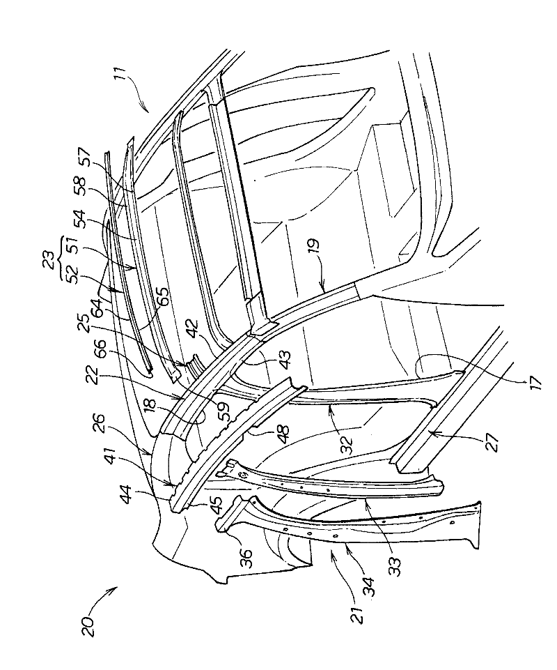 Upper vehicle body structure of automobile
