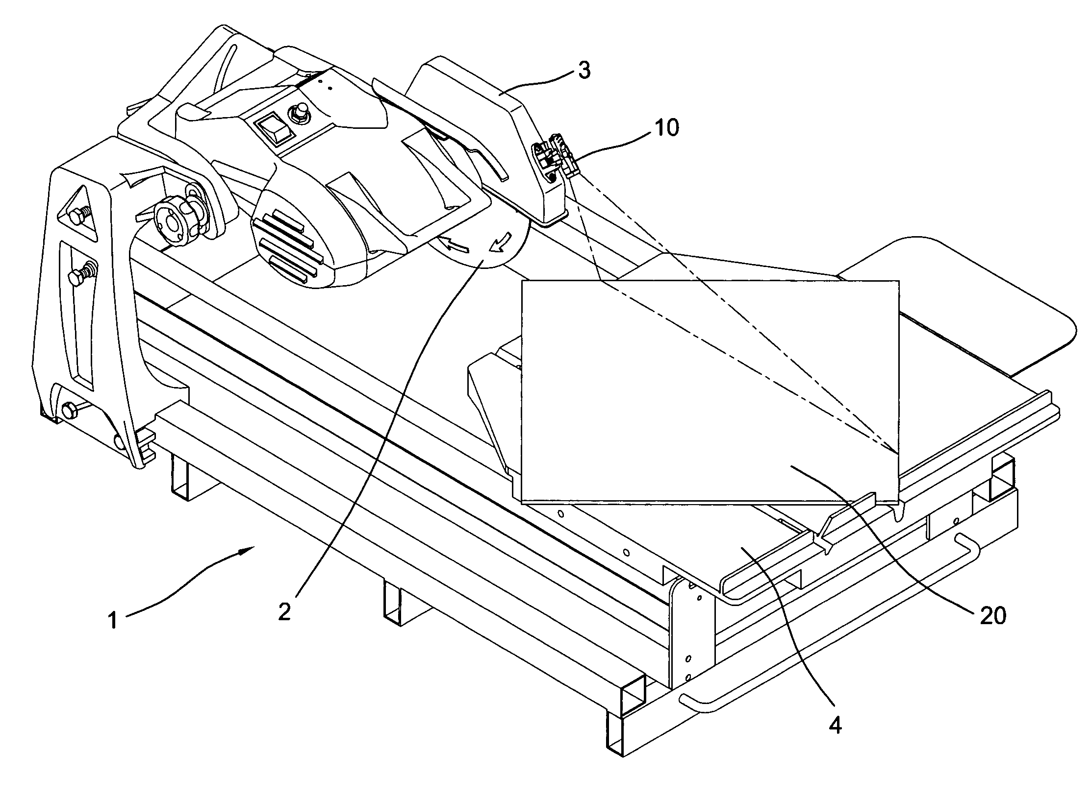 Laser light beam guiding device on a stone cutter