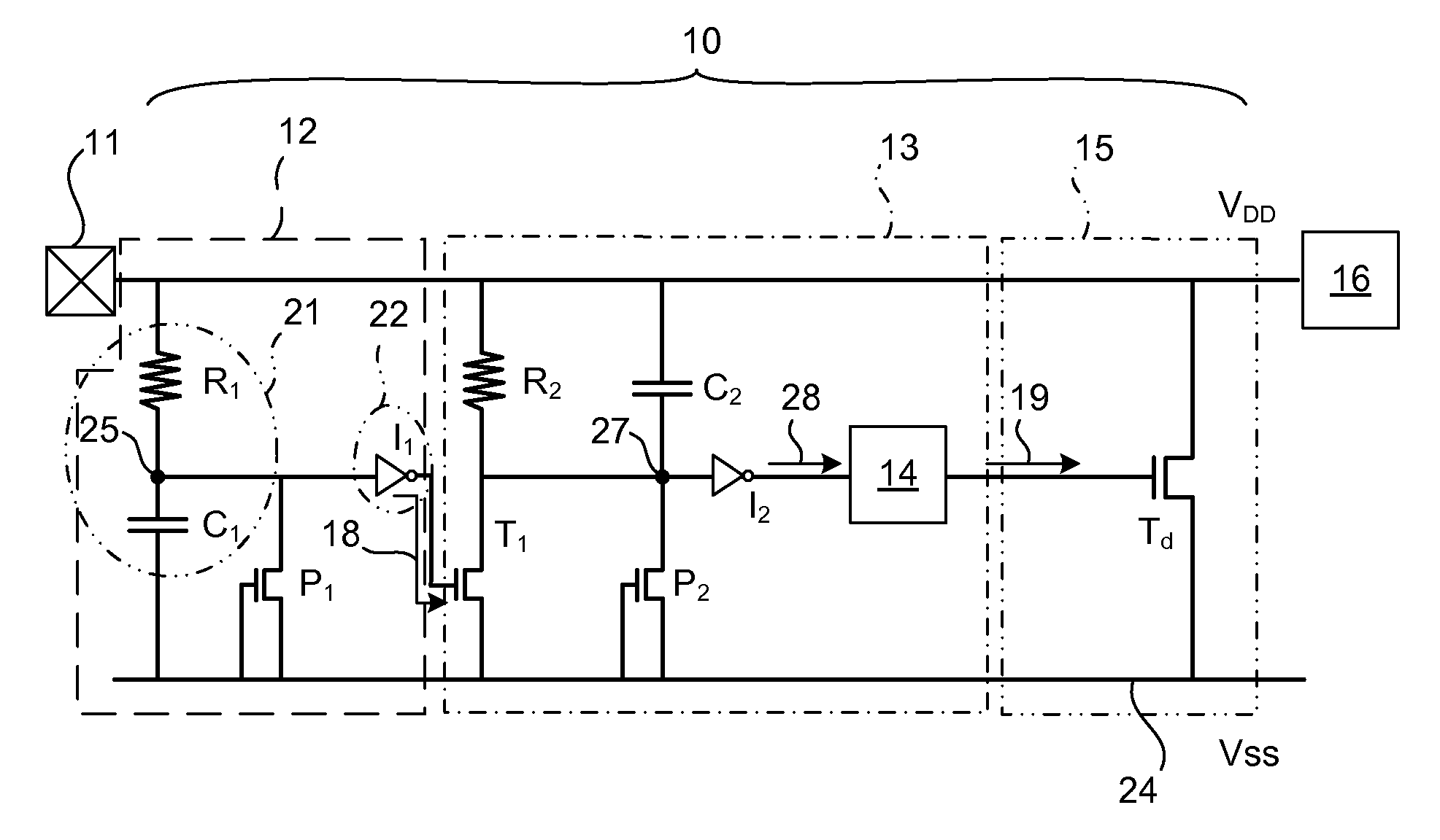 Electrostatic discharge protective circuit having rise time detector and discharge sustaining circuitry