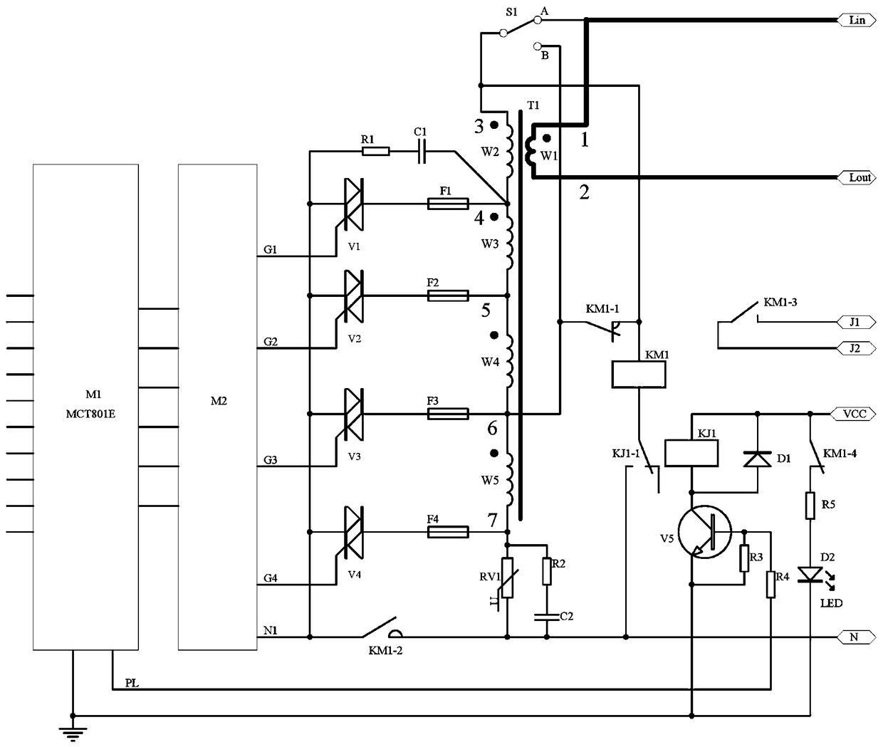 An AC voltage regulating energy-saving power supply bypass device