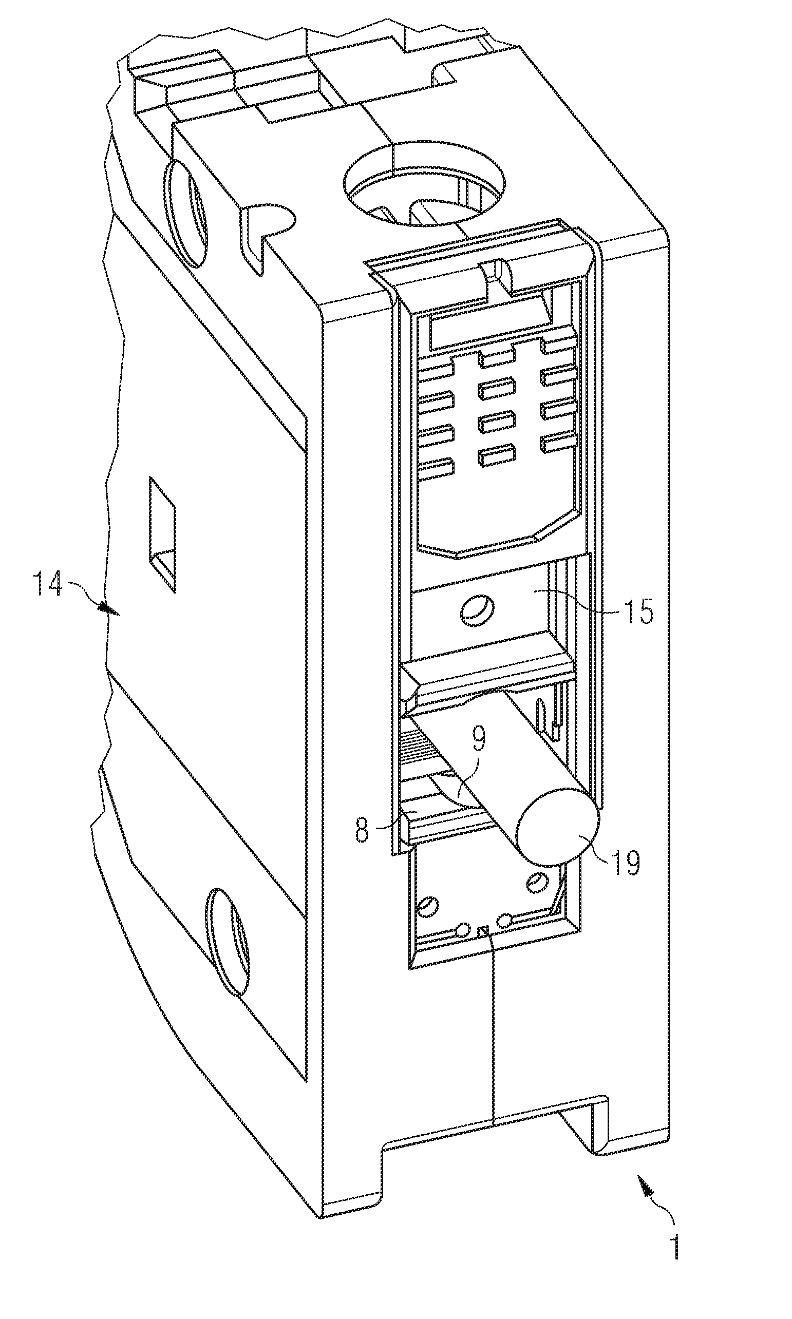 Slider device for fixing housing of electric installation device to rail, has connecting region with insulating element for covering conductive contact element of electric installation device