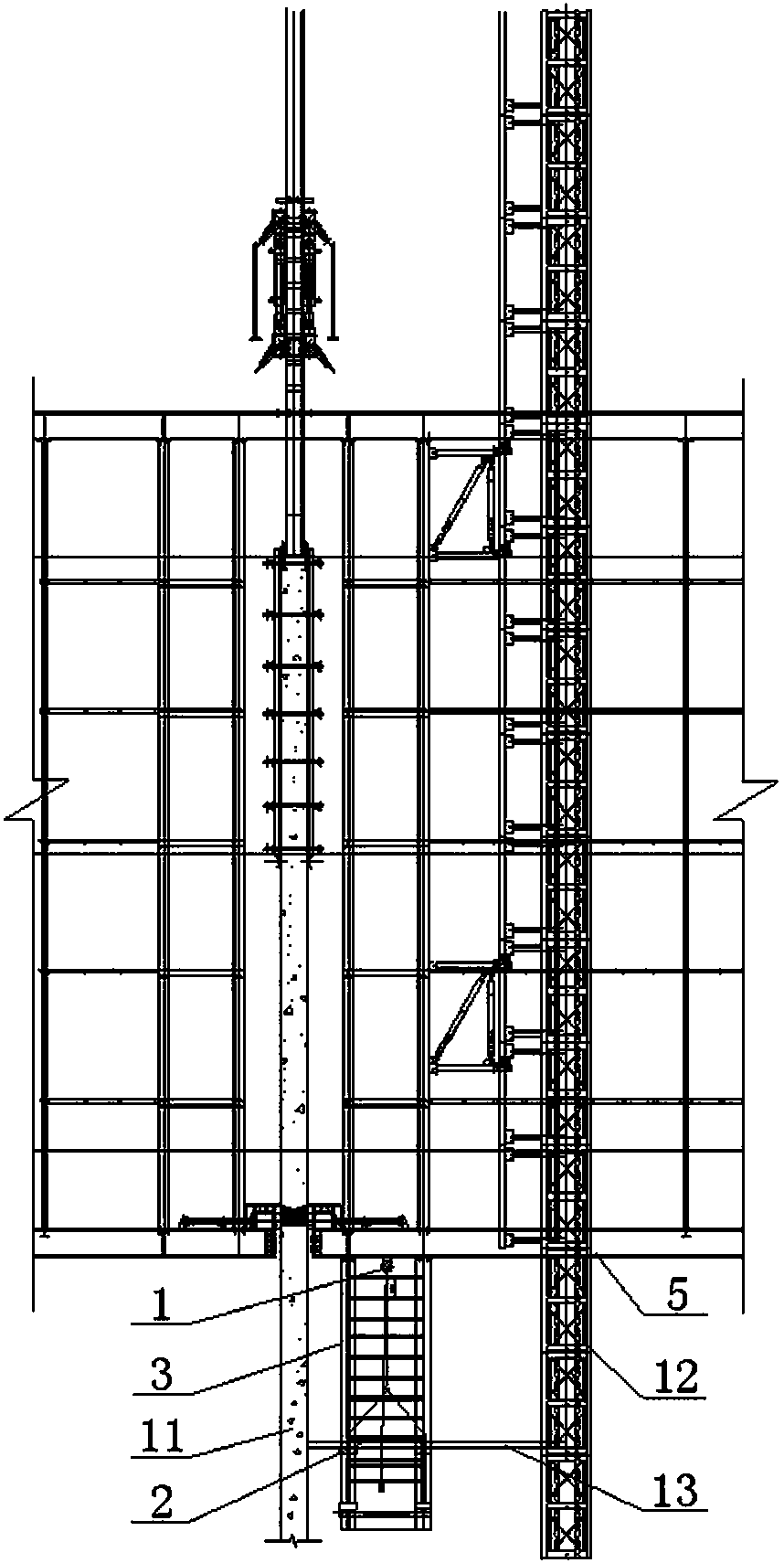 Construction elevator wall-attached frame mounting platform attached to steel platform formwork and method
