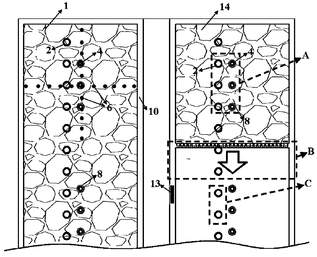 Large-space in-situ monitoring method for rock formation movement in coal mining