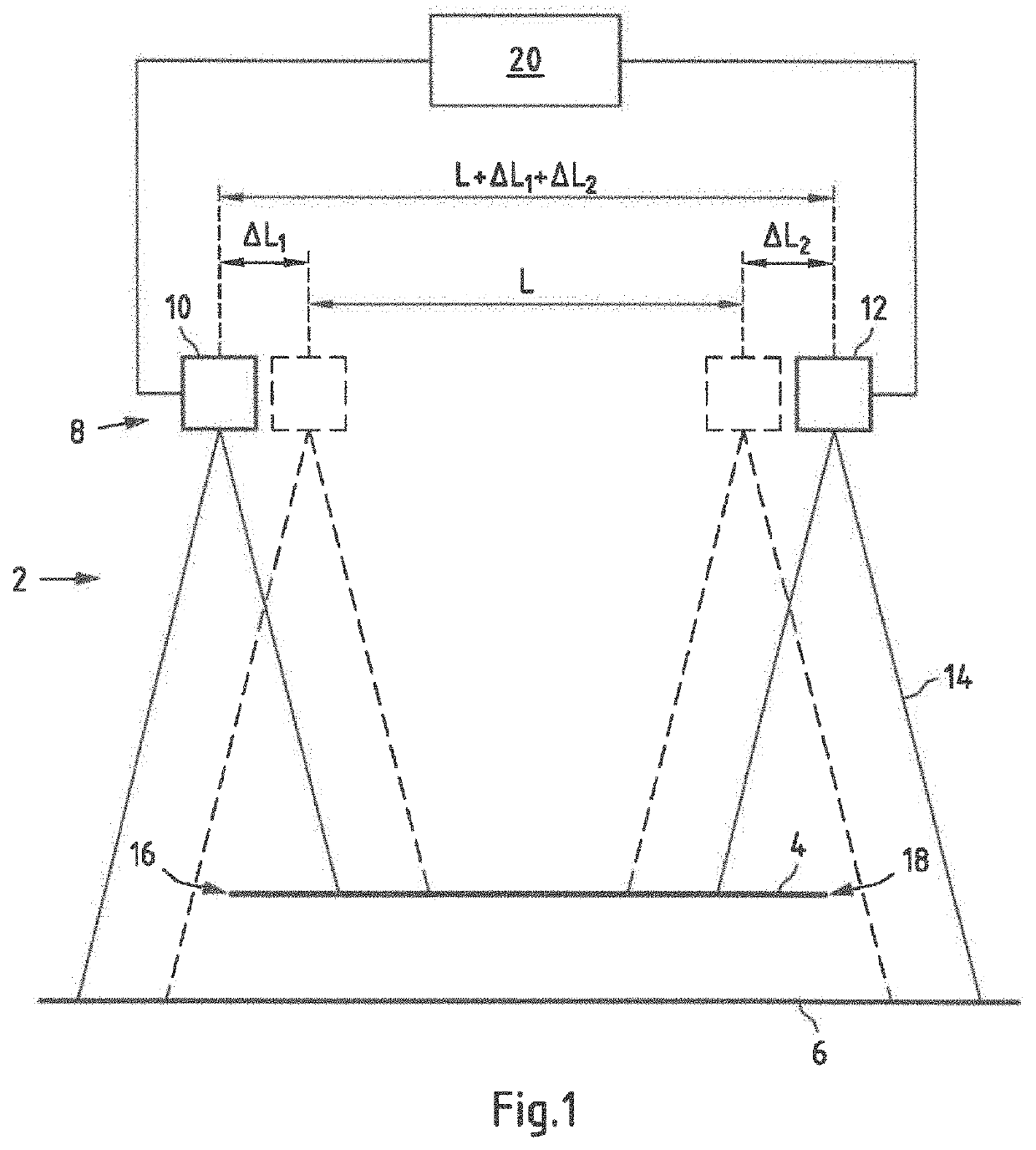 Arrangement and Method for Contactless Determination of a Dimension of a Moving Web