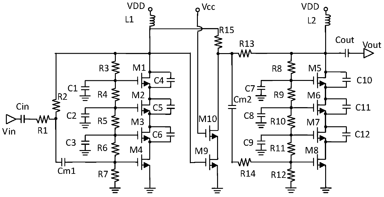 Drive power amplifier with adjustable gain of 0.1-3GHz CMOS