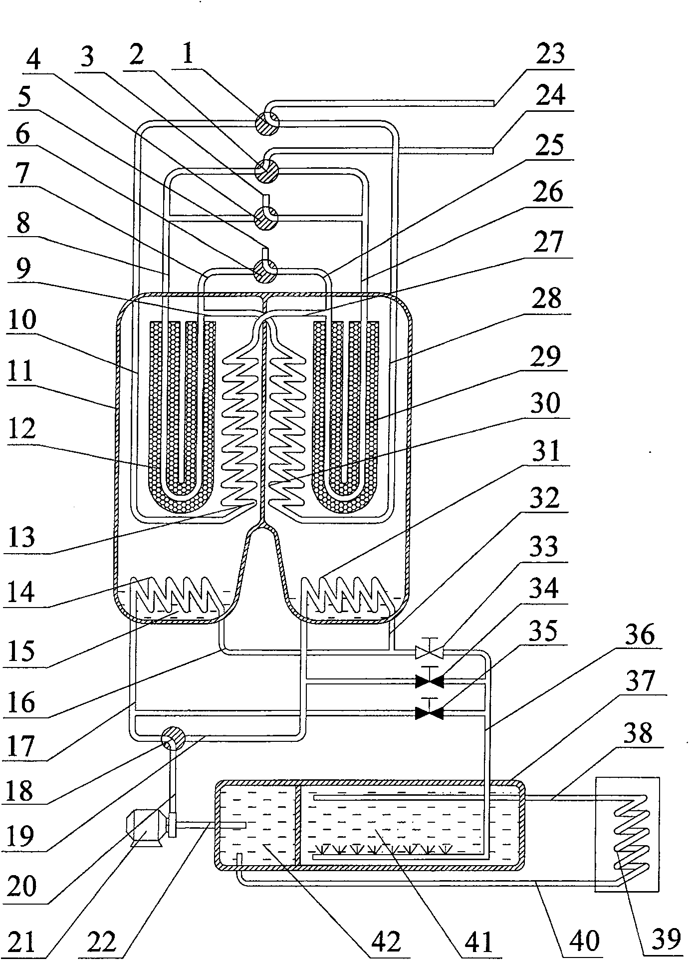 Silica gel- water adsorption refrigerating device without vacuum switch valve