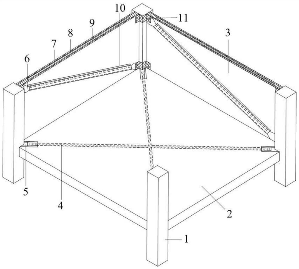 A fabricated slab-column system using prestressed steel rods and inner core curved buckling-resistant bracing
