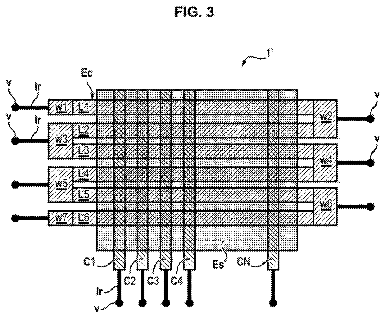 Pixel array of a thermal pattern sensor, sensor associates with coil heating lines