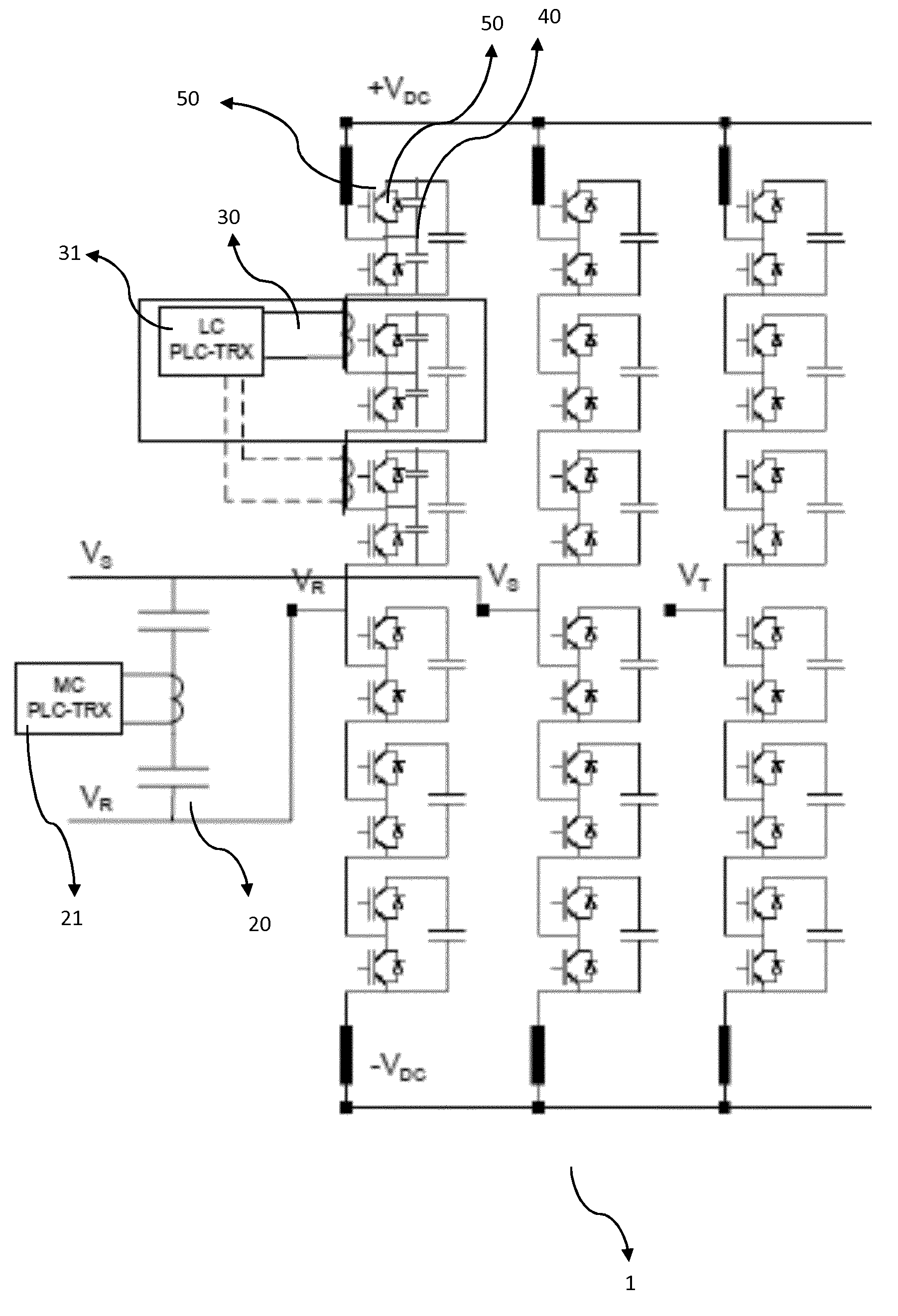 System for transmitting and receiving a power line communication signal over the power bus of a power electronic converter