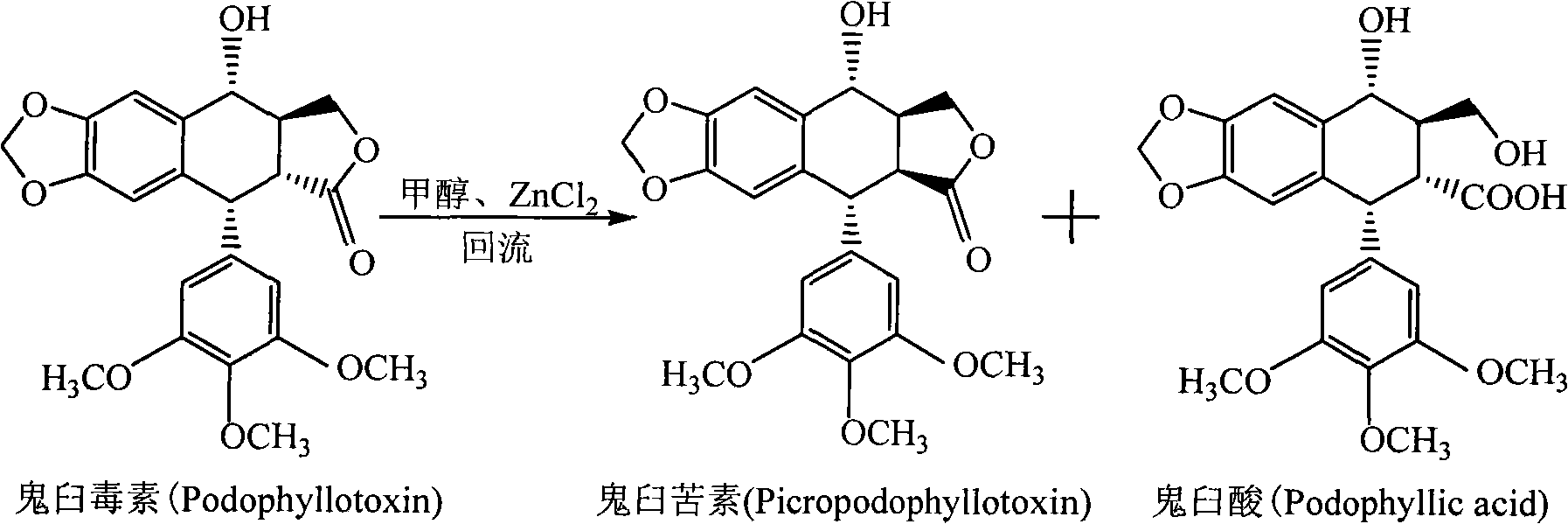 Method for converting podophyllinic acid lactone into podophyllic acid and picropodophyllin