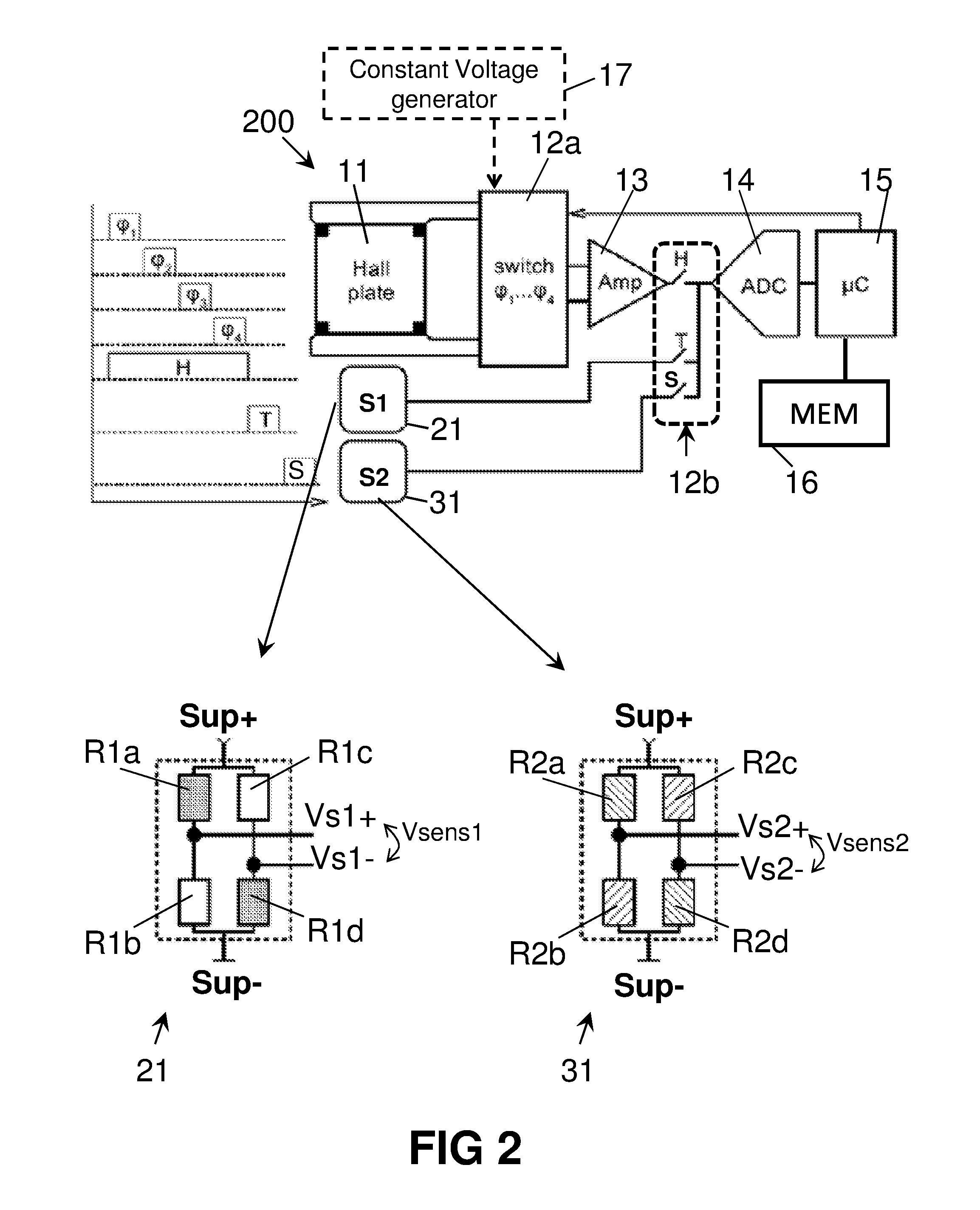Stress and temperature compensated hall sensor, and method