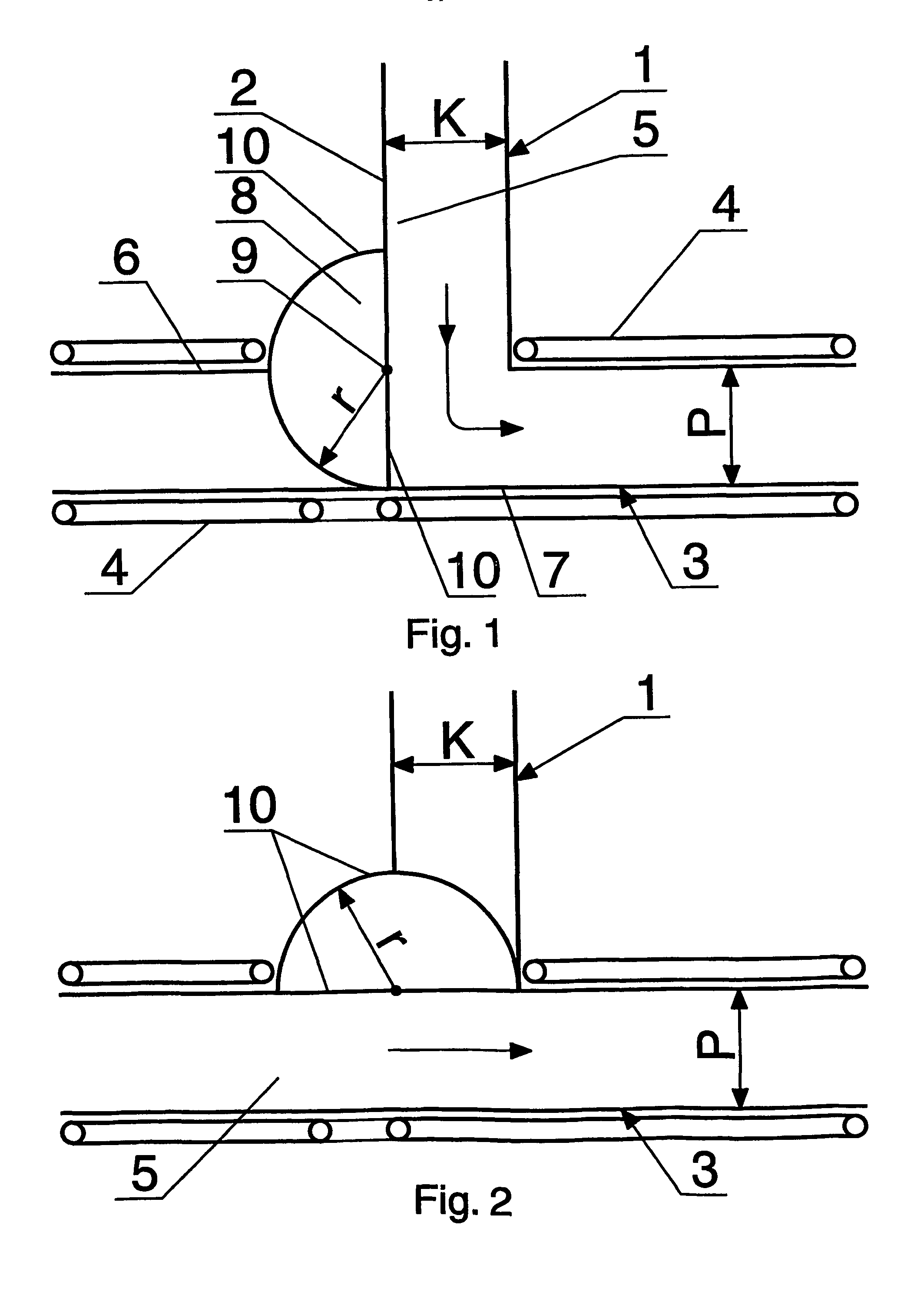 Method of separating streams of displacing multi-layered stacks of rodlike elements and valve device for separating streams of multi-layered stacks of rodlike elements